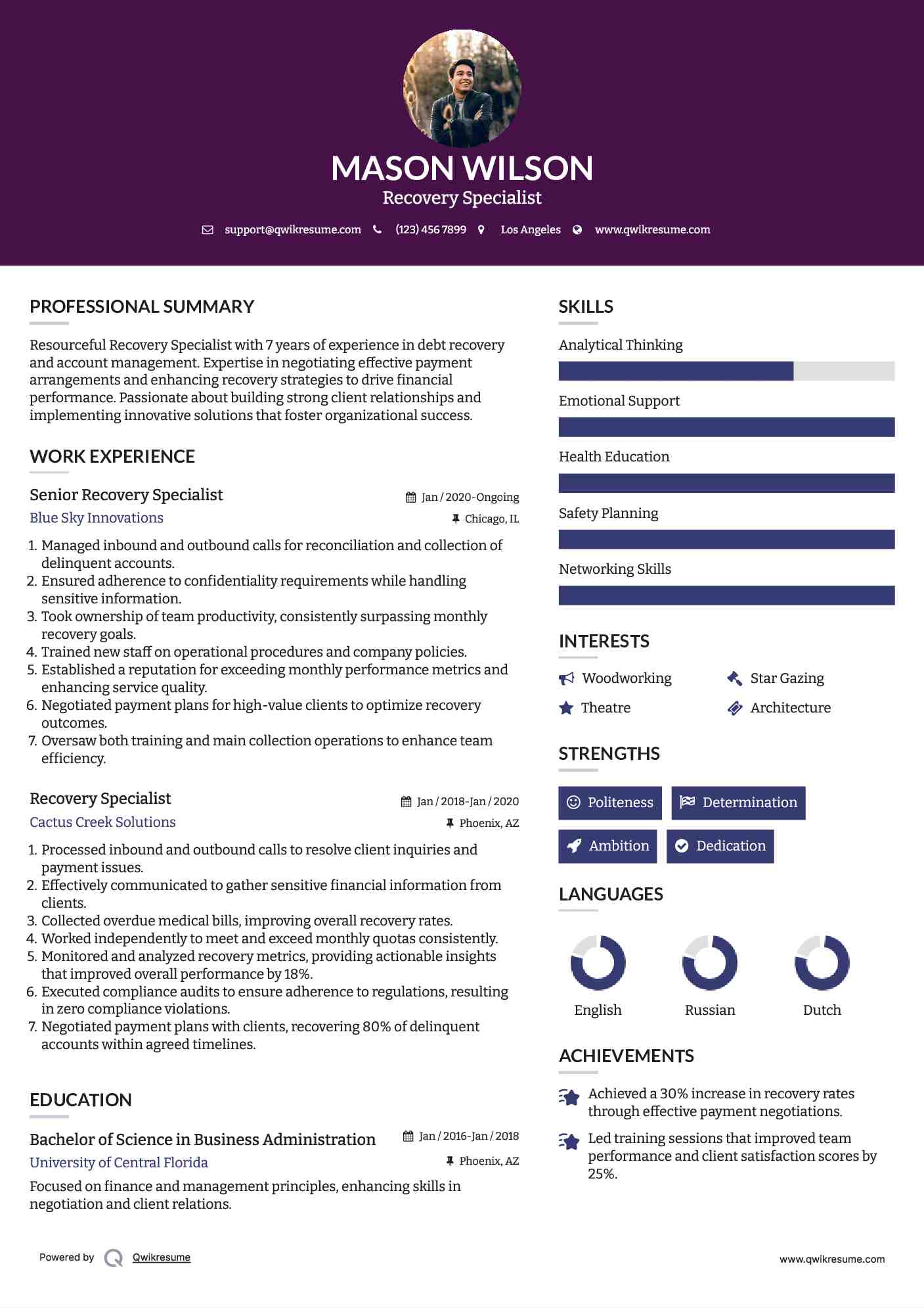 Senior Recovery Specialist Resume Sample