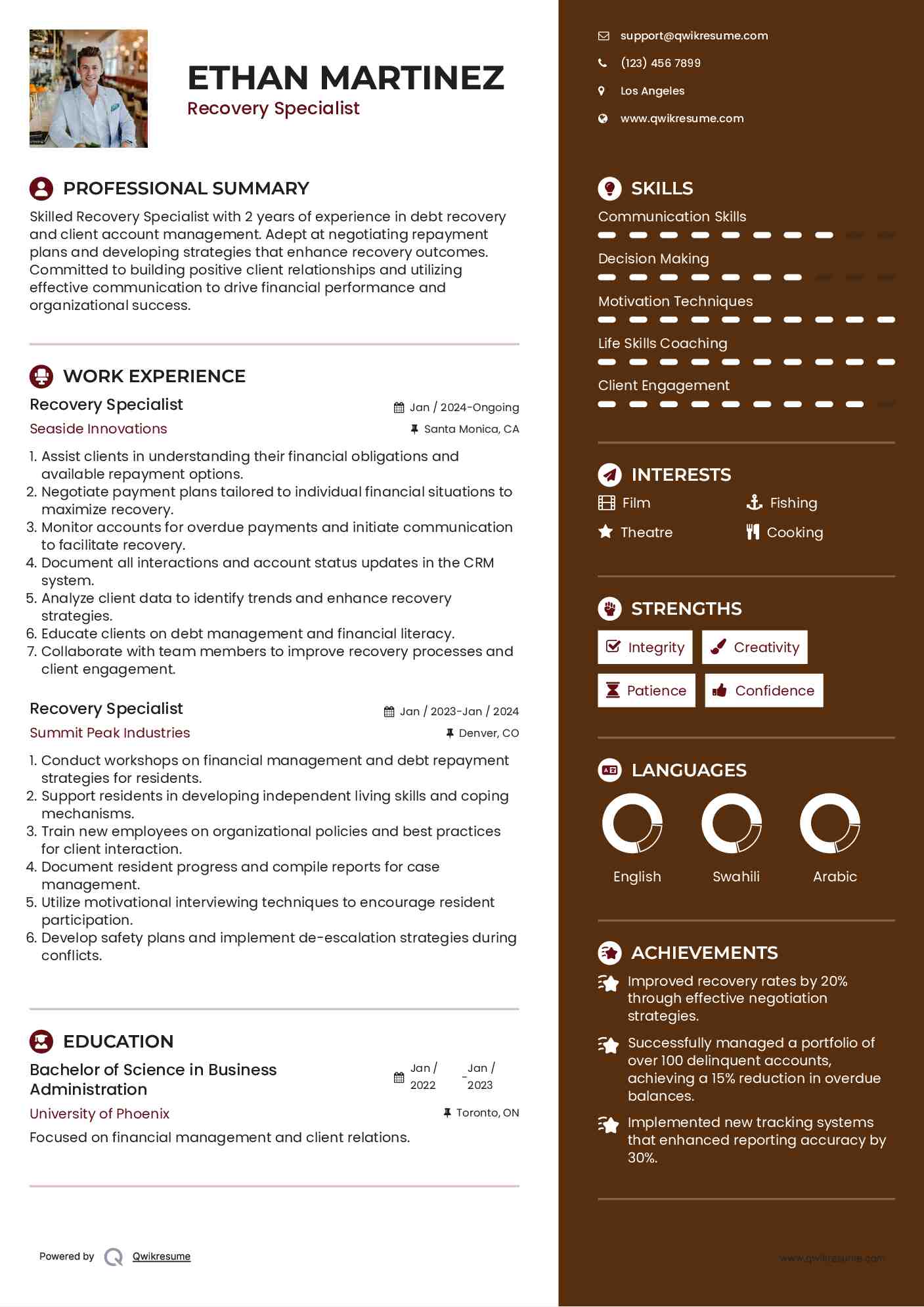 Recovery Specialist Resume Example