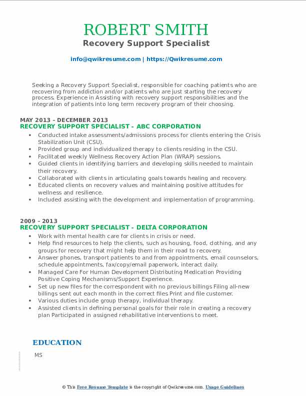 Recovery Support Specialist Resume Samples QwikResume