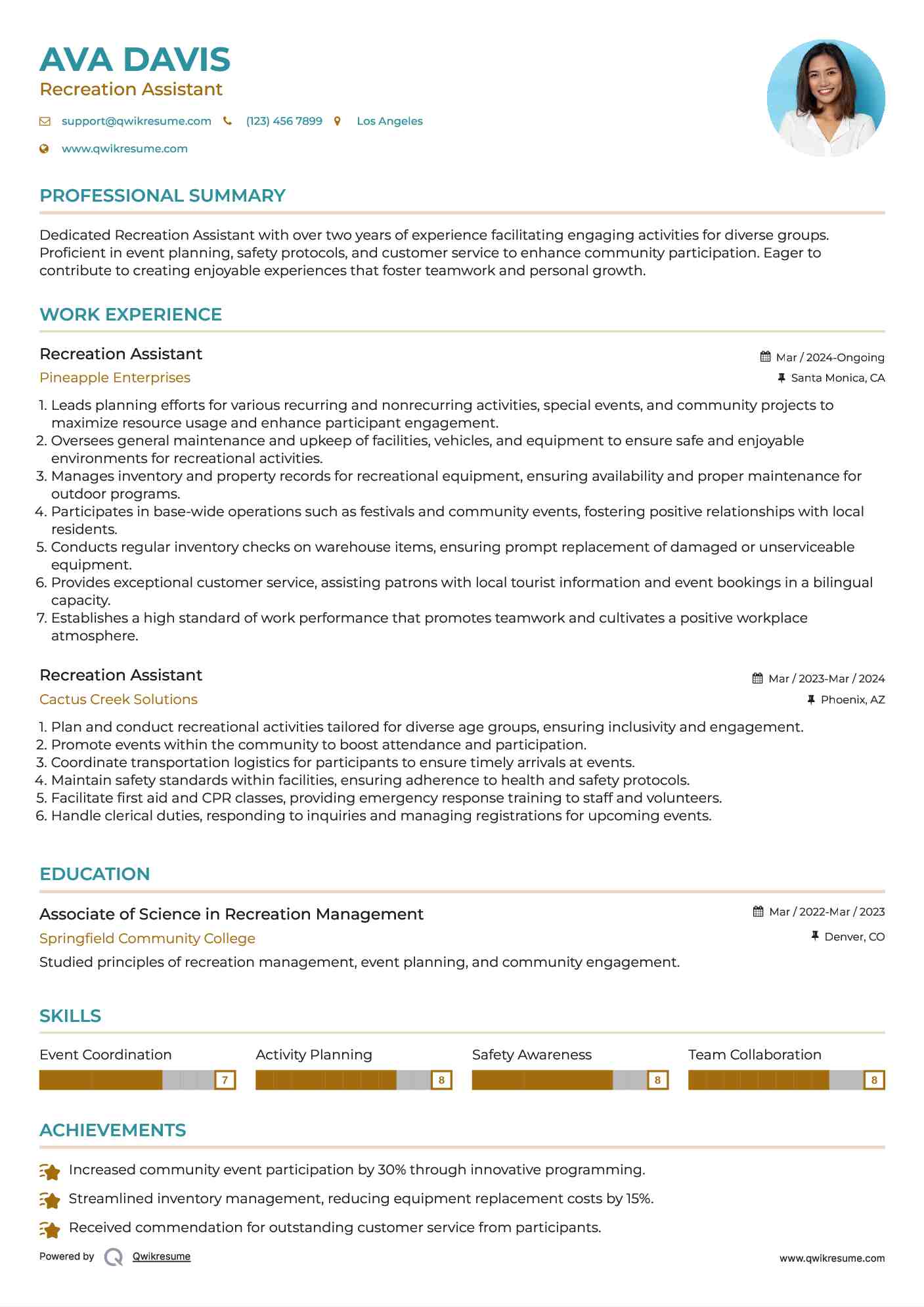 Recreation Assistant Resume Example