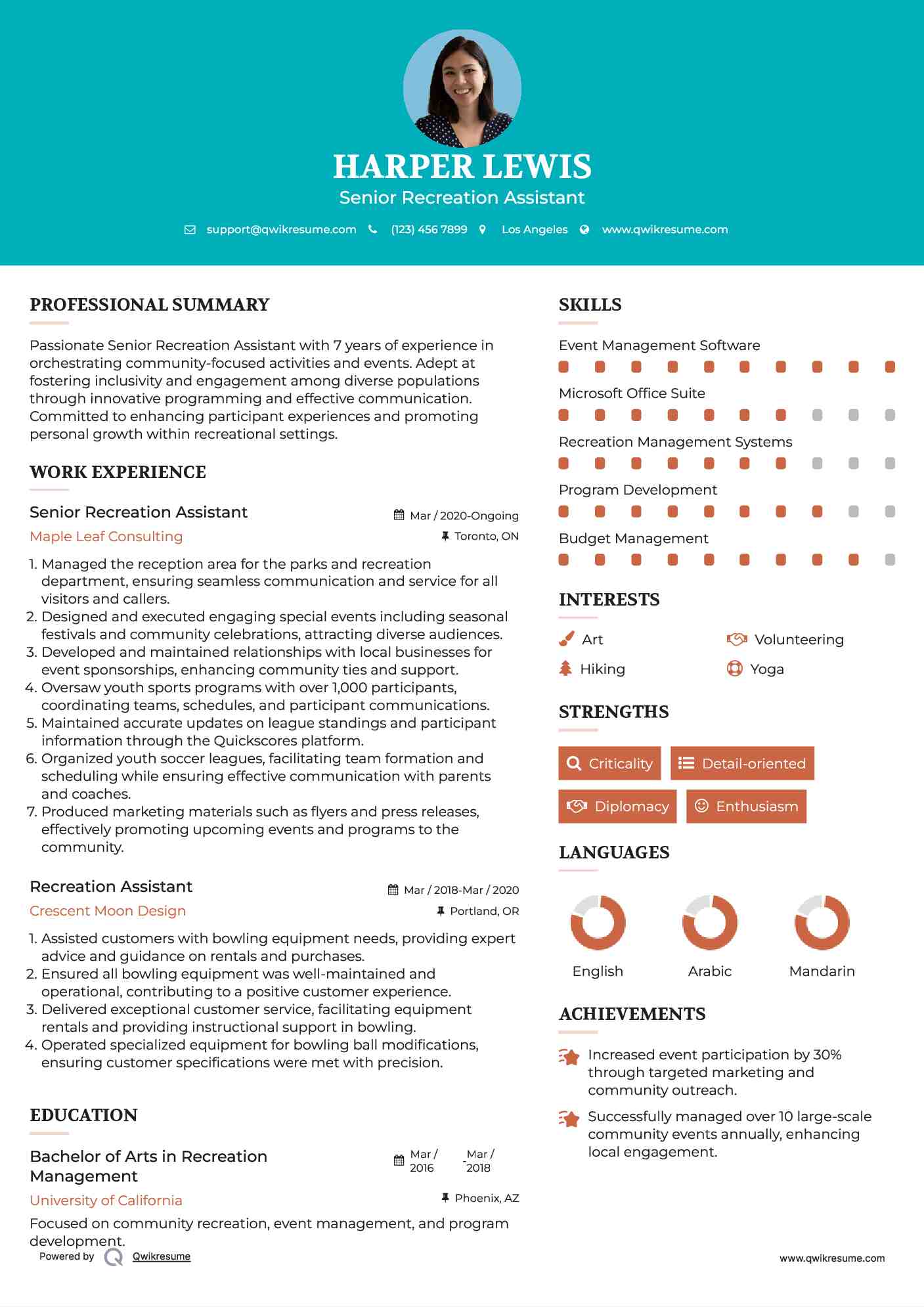 Senior Recreation Assistant Resume Model