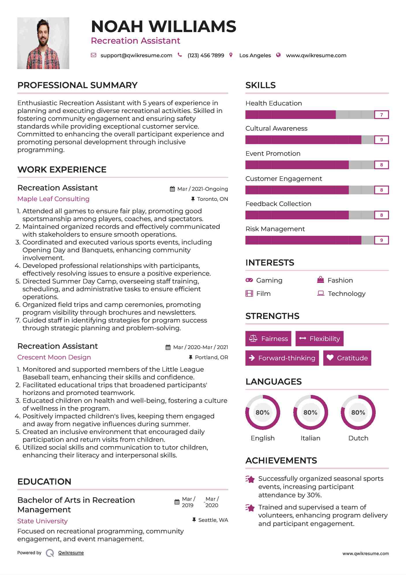 Recreation Assistant Resume Sample