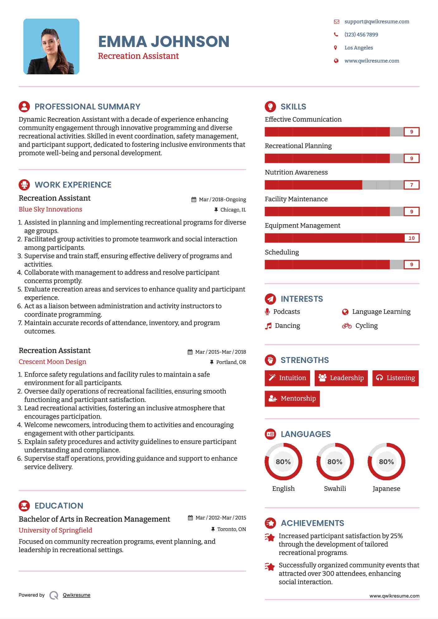 Recreation Assistant Resume Format
