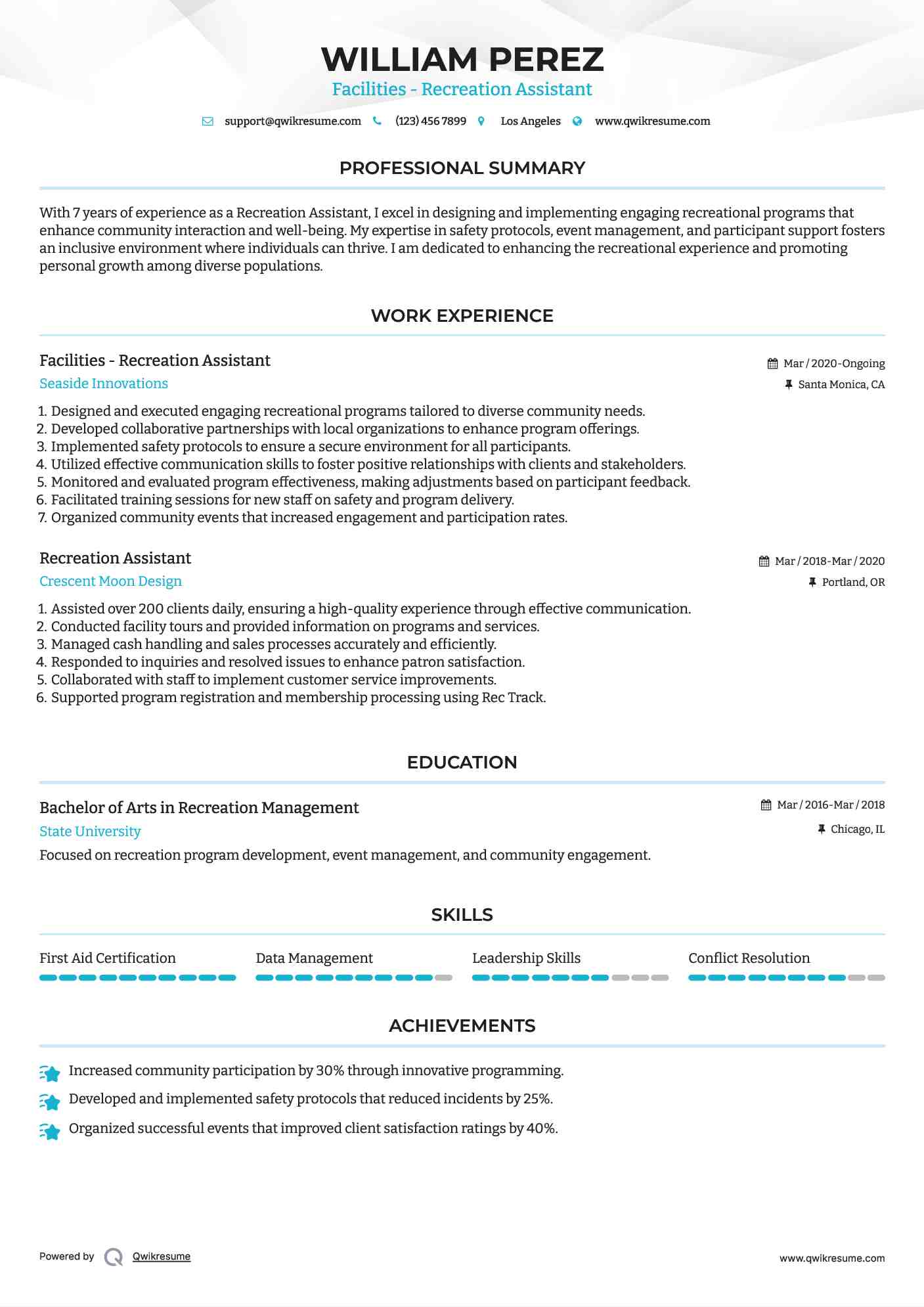 Facilities - Recreation Assistant
 Resume Model