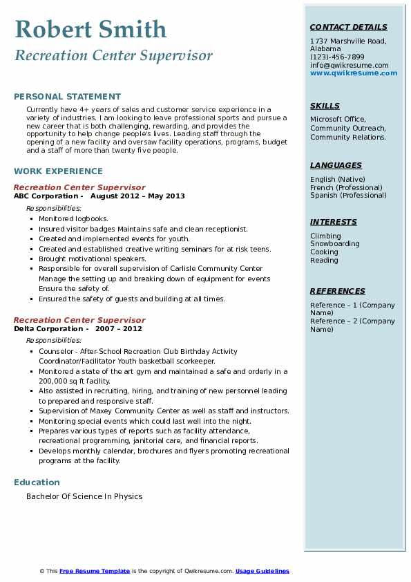 Recreation Center Supervisor Resume Samples | QwikResume