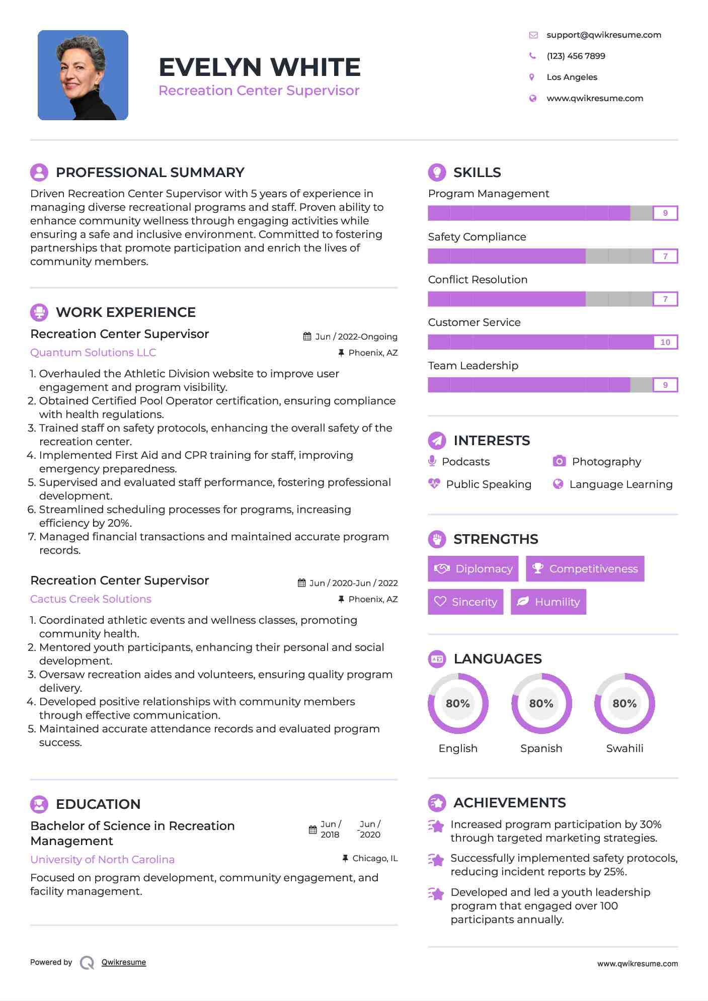 Recreation Center Supervisor Resume Model