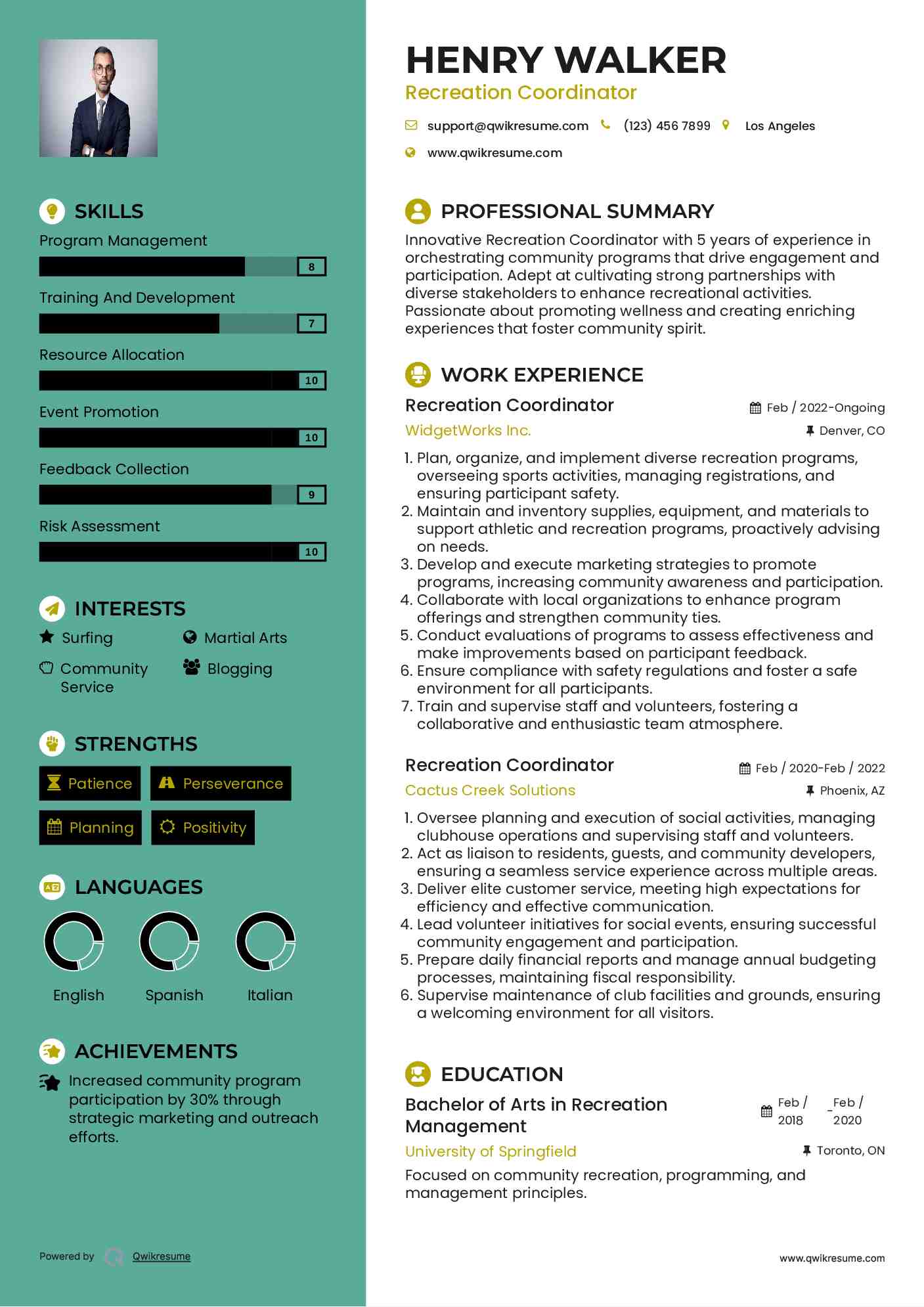 Recreation Coordinator Resume Format