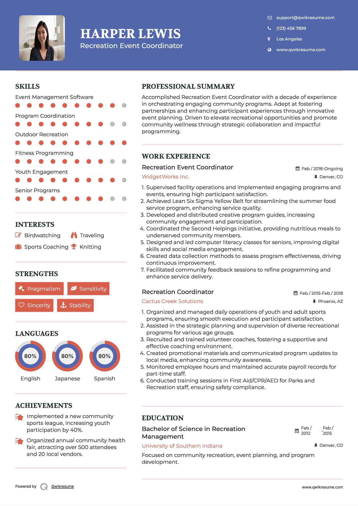 Recreation Event Coordinator Resume Format