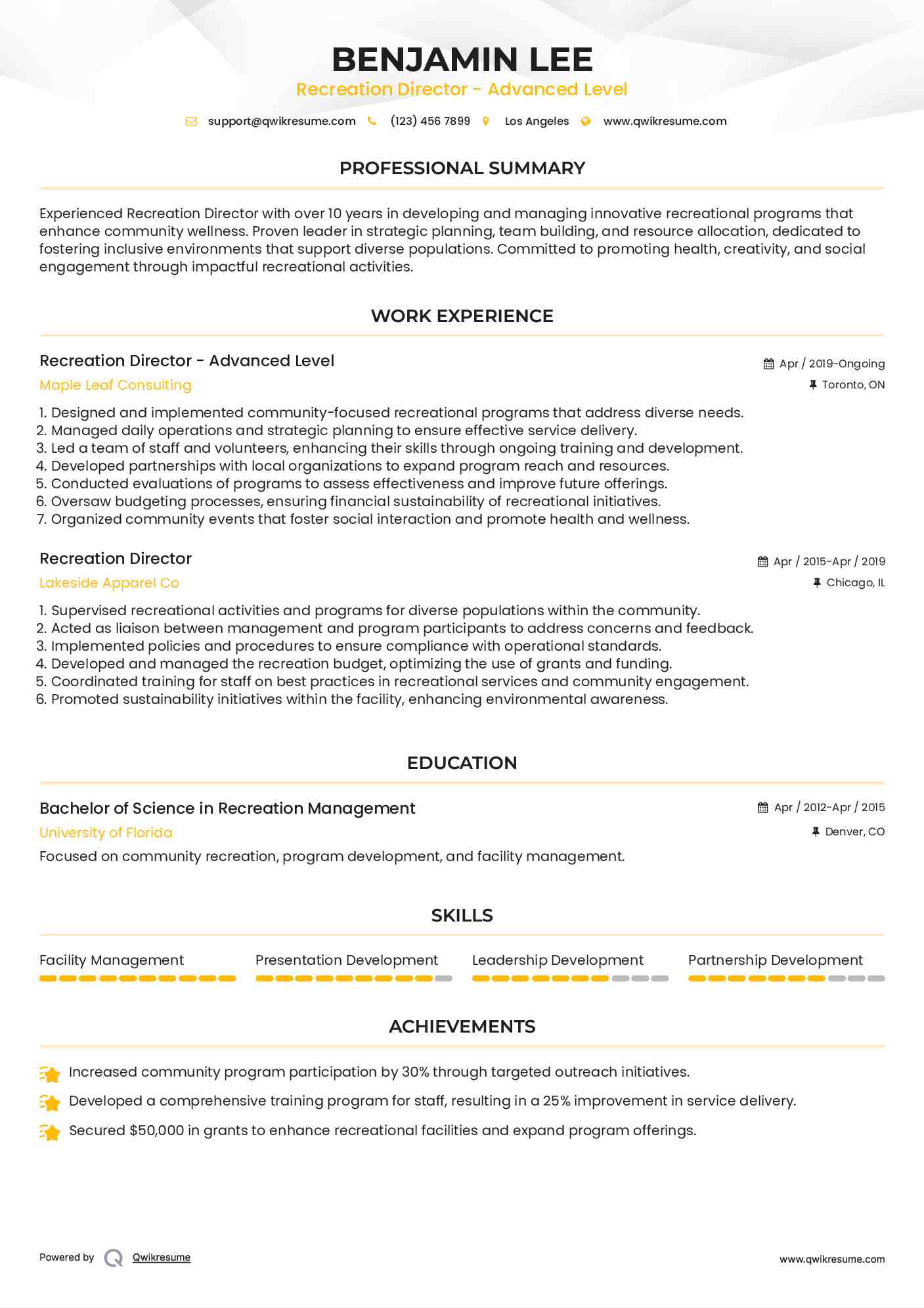 Recreation Director - Advanced Level Resume Example