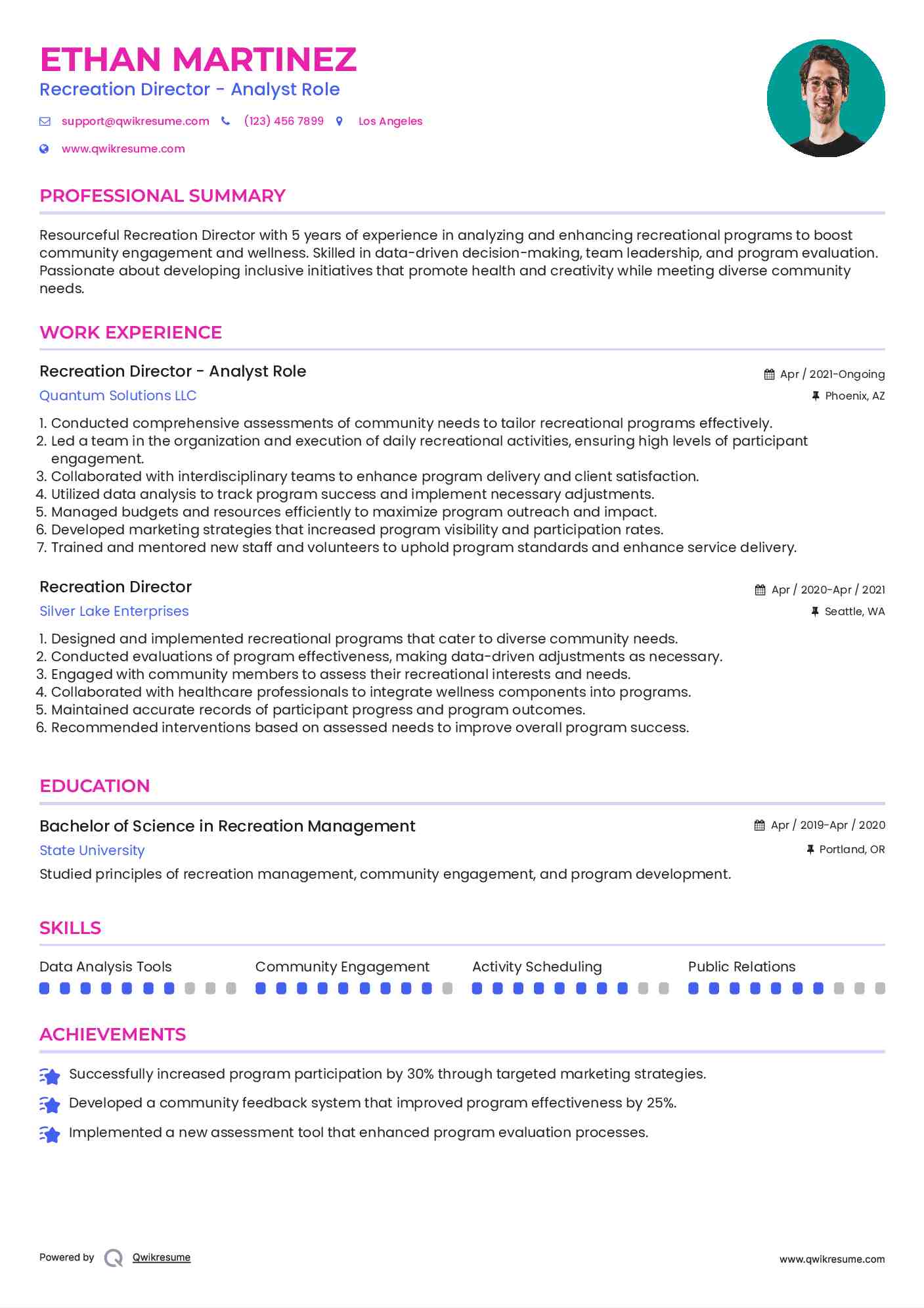 Recreation Director - Analyst Role Resume Sample