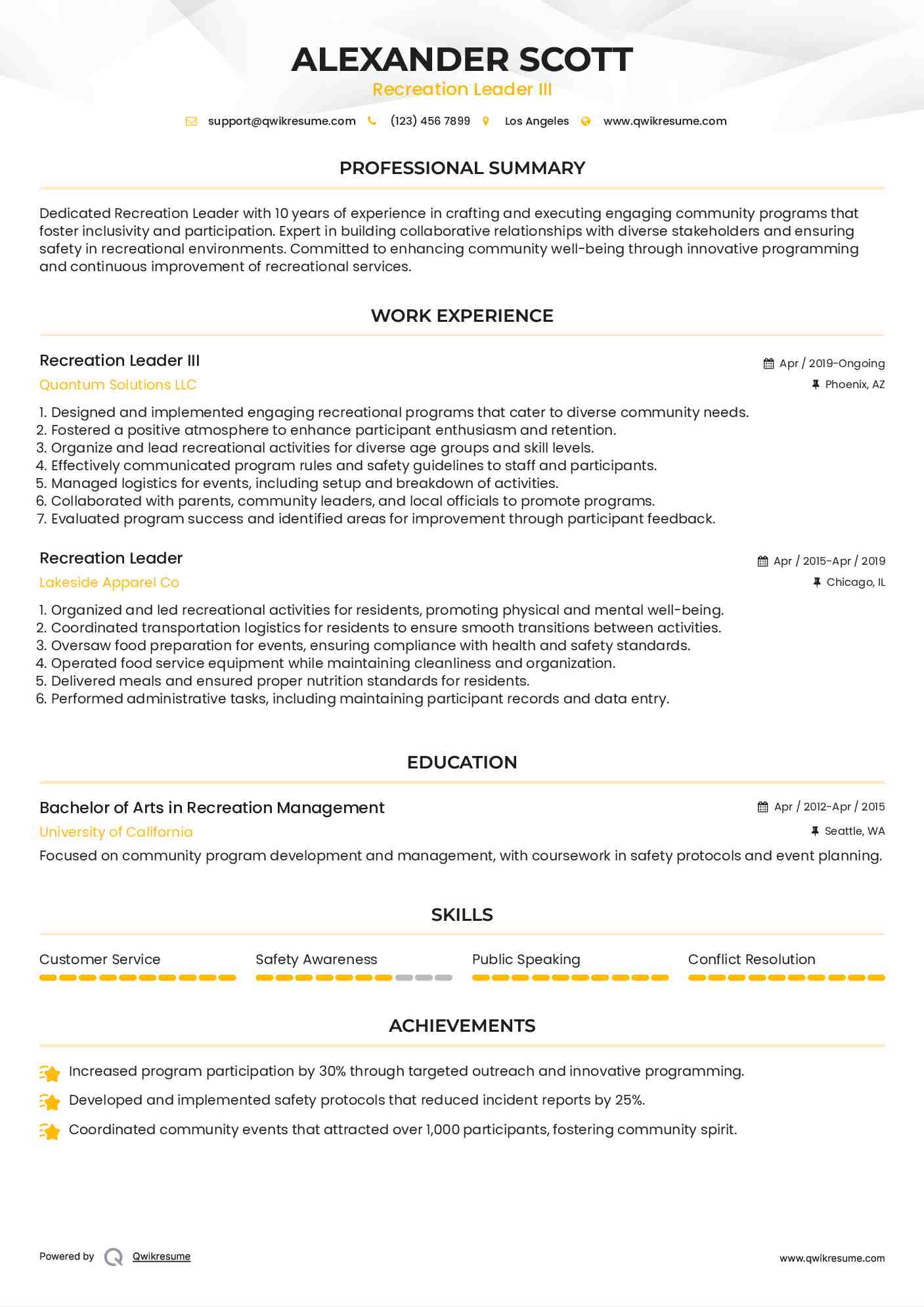 Recreation Leader III
 Resume Example