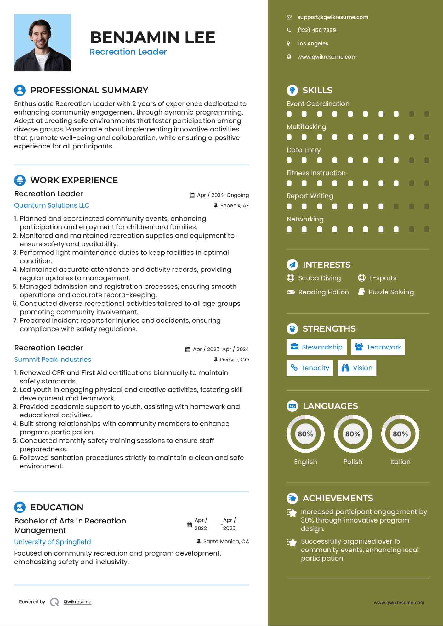 Recreation Leader Resume Example