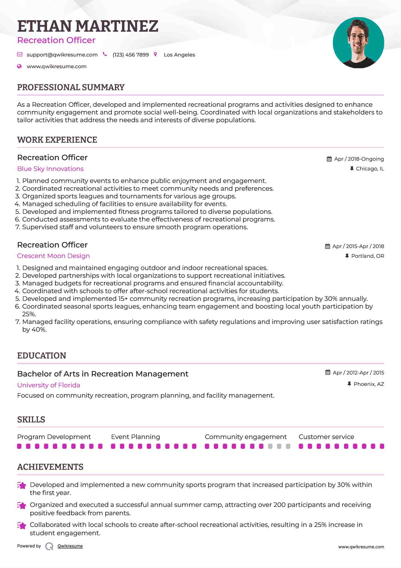 Recreation Officer Resume Model