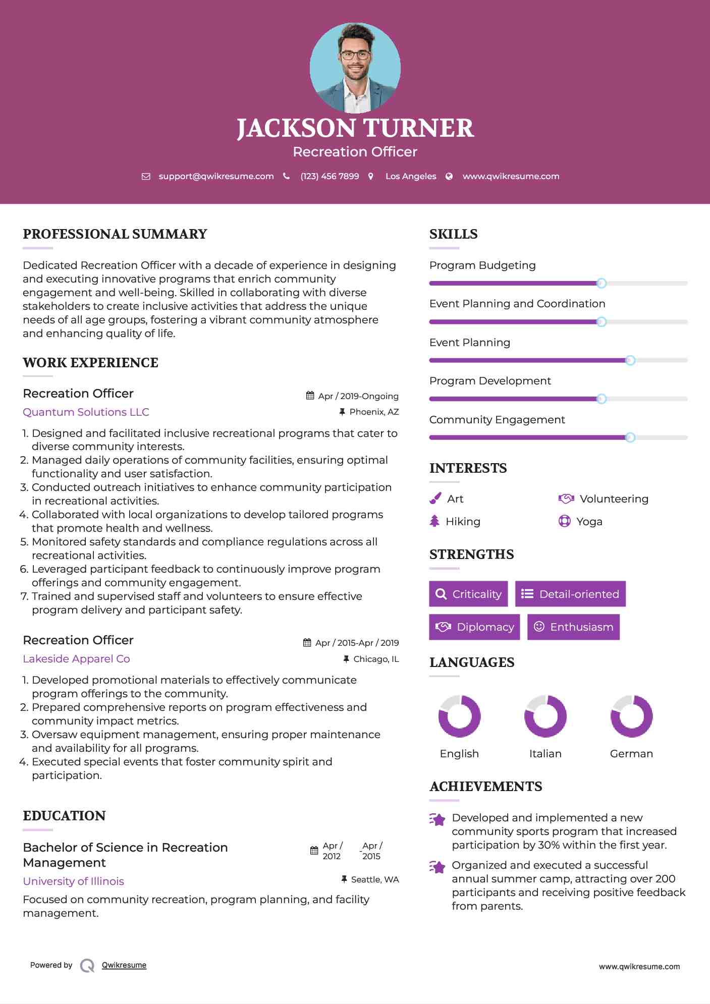 Recreation Officer Resume Model