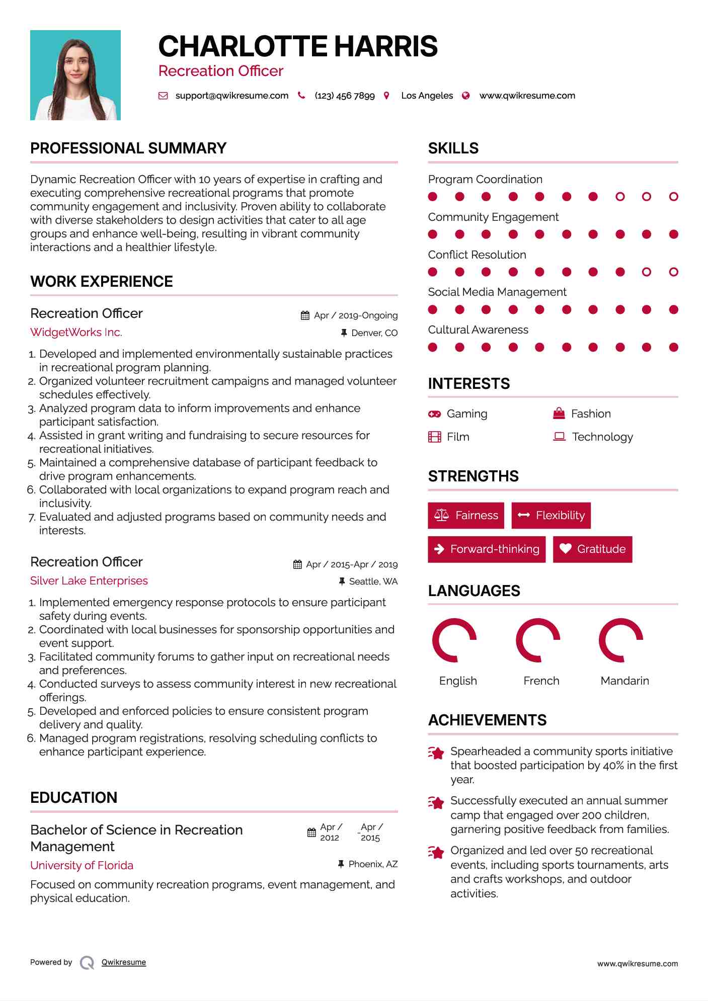 Recreation Officer Resume Model