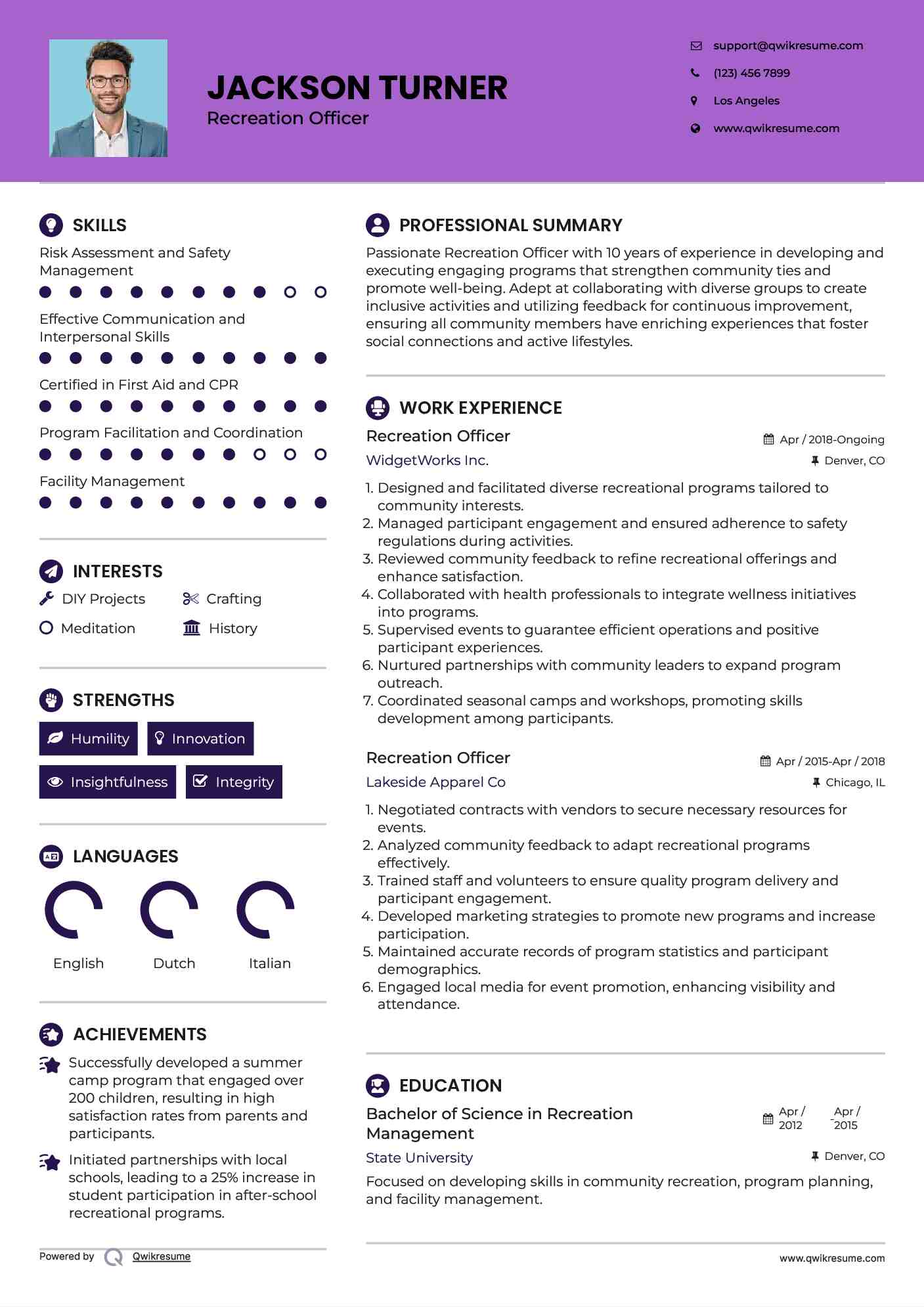 Recreation Officer Resume Format
