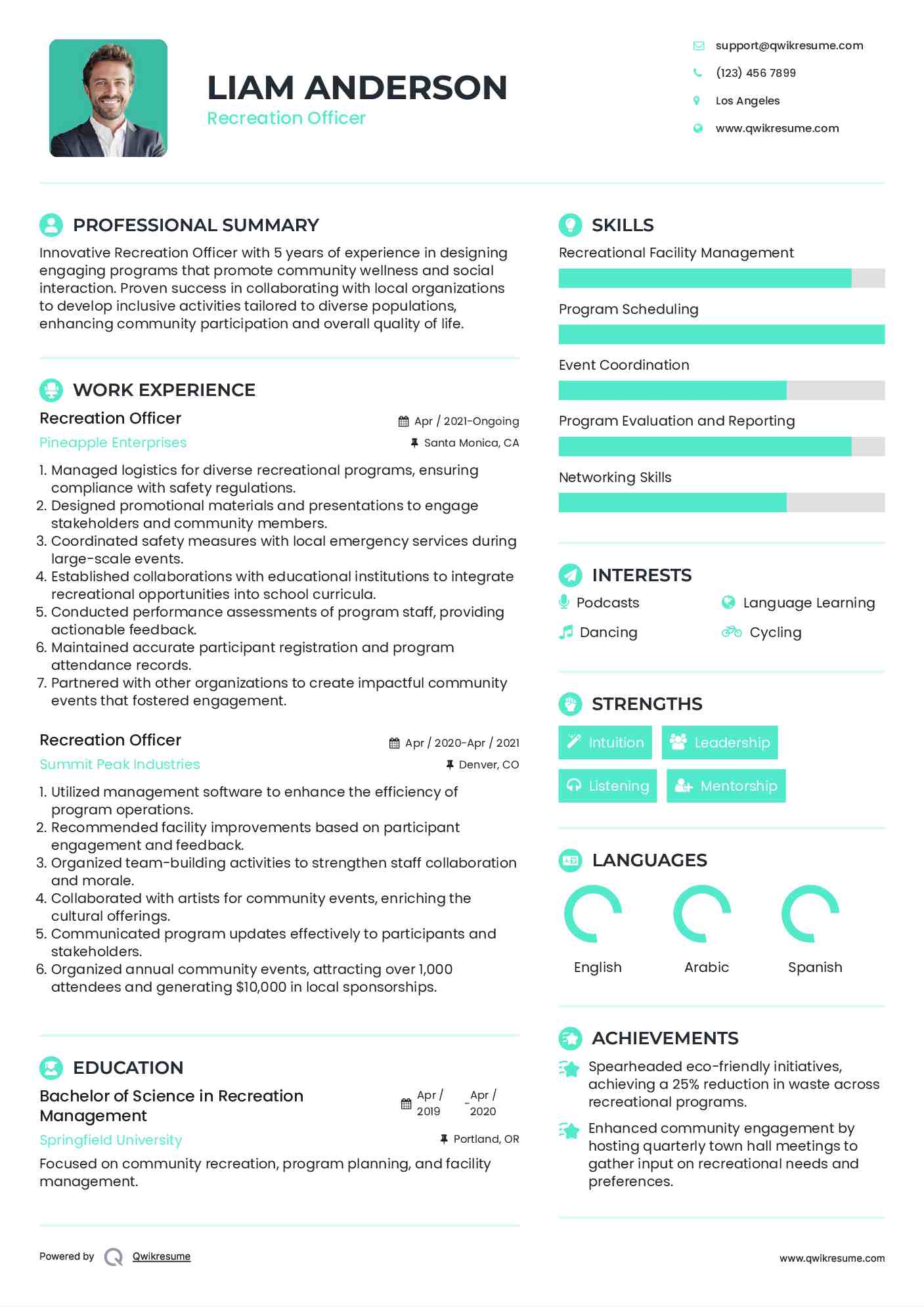 Recreation Officer Resume Example