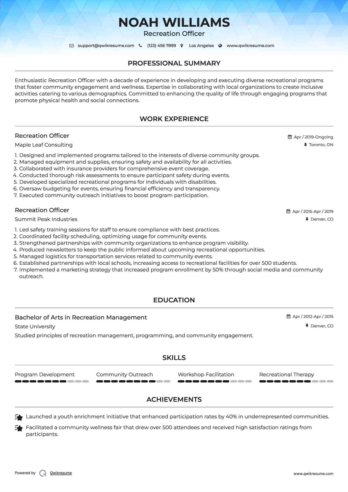 Recreation Officer Resume Sample