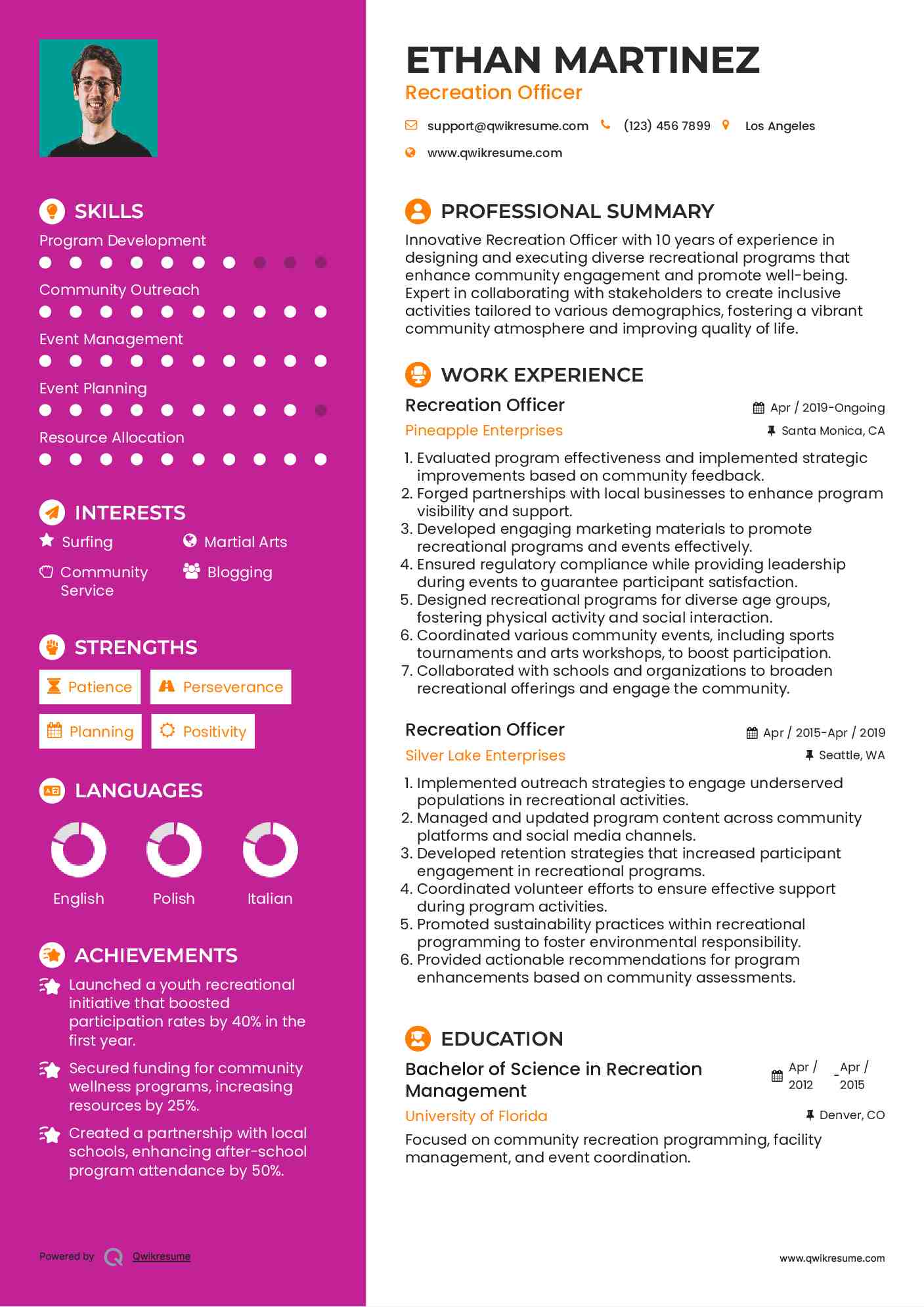 Recreation Officer Resume Template
