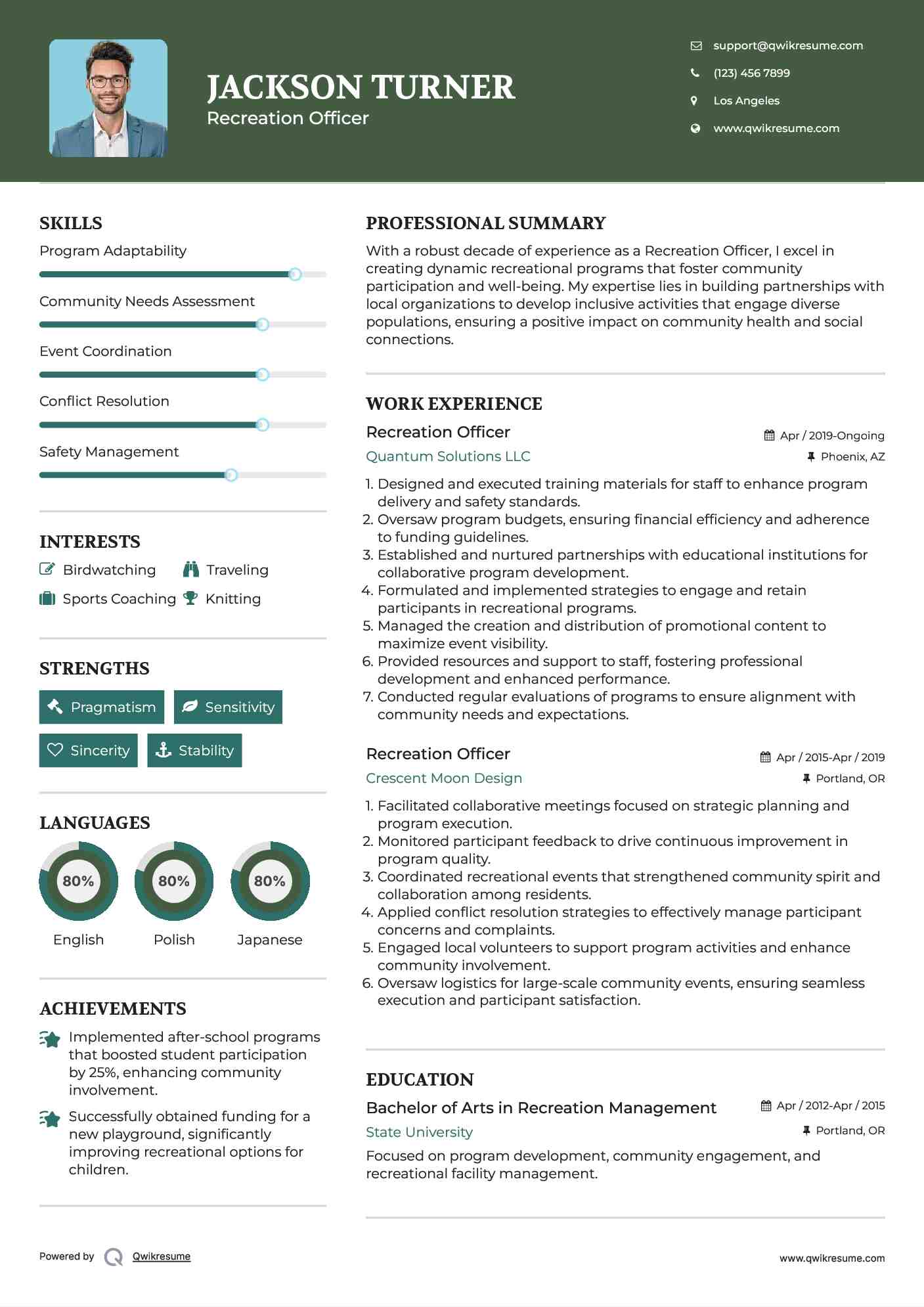 Recreation Officer Resume Example