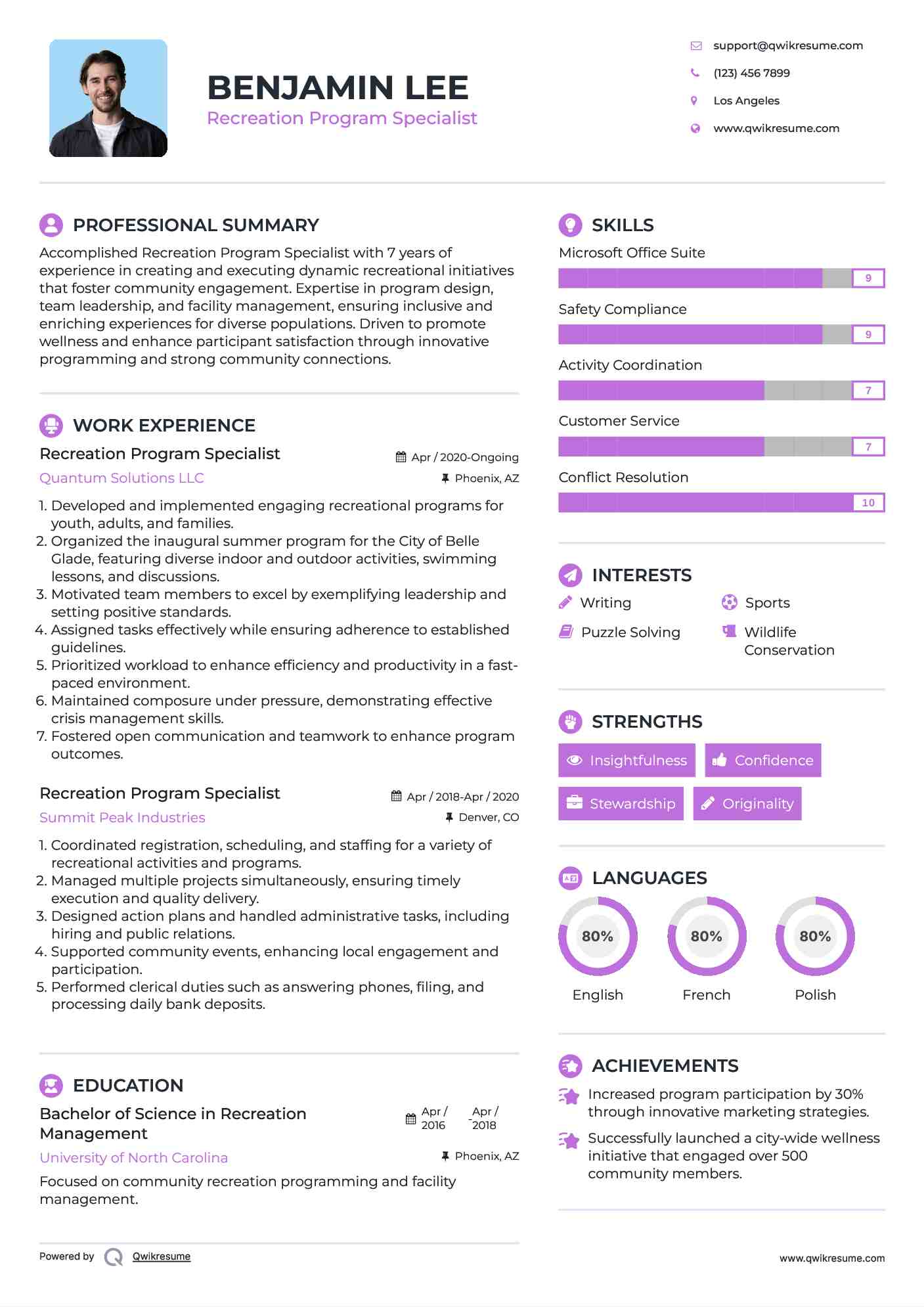 Recreation Program Specialist Resume Sample