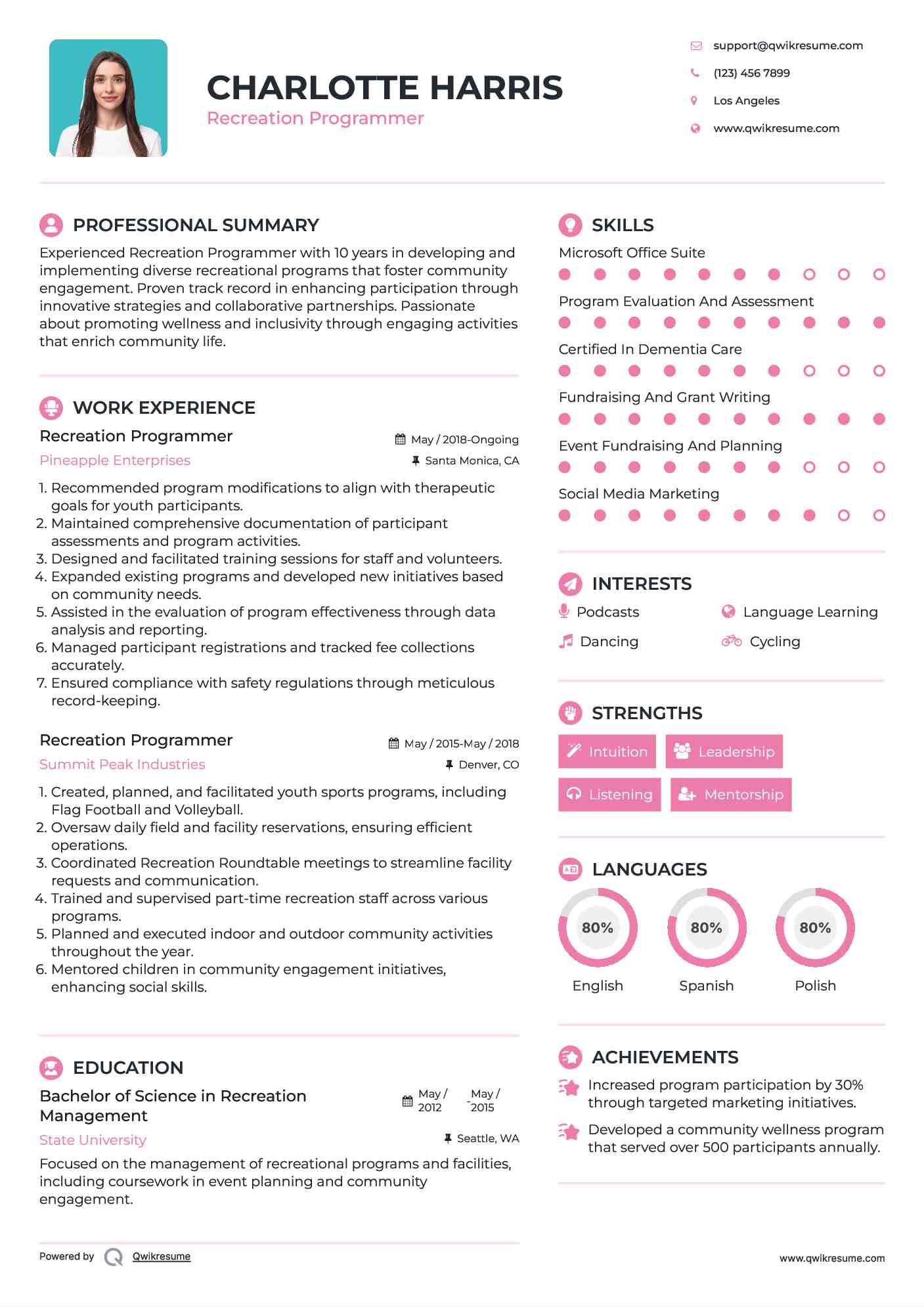 Recreation Programmer Resume Template
