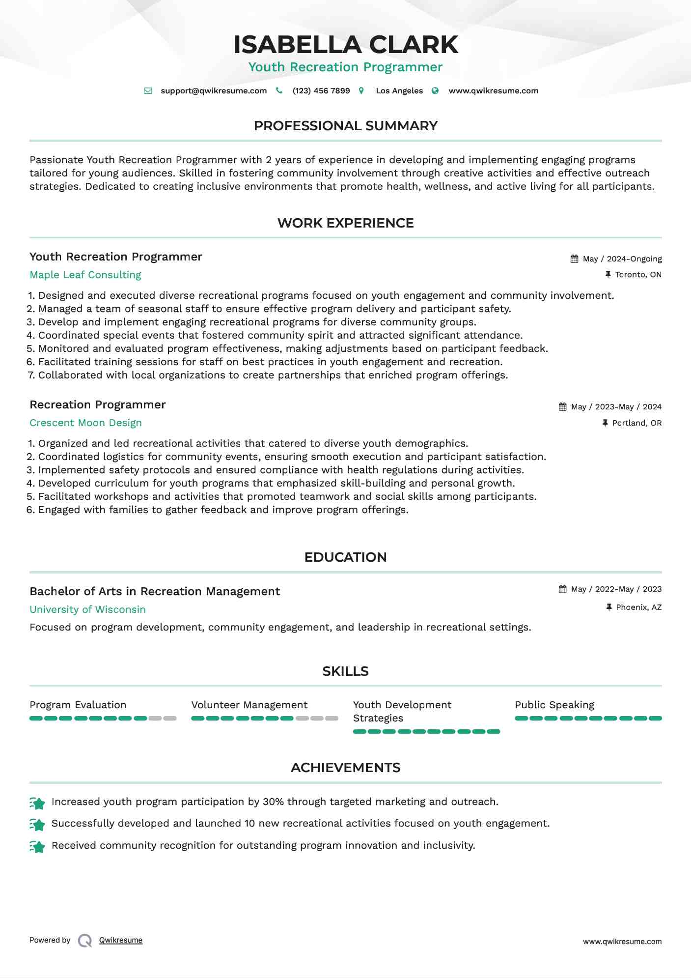 Youth Recreation Programmer Resume Example