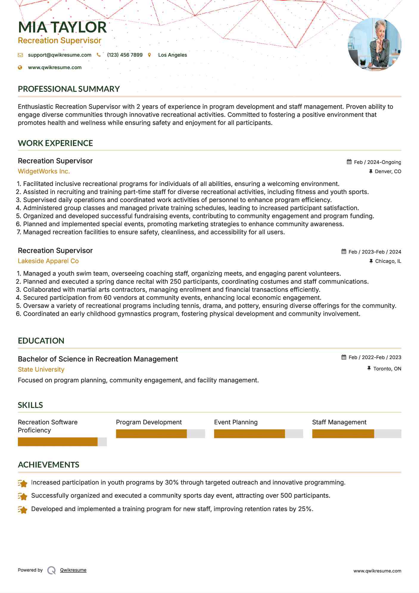 Recreation Supervisor Resume Example