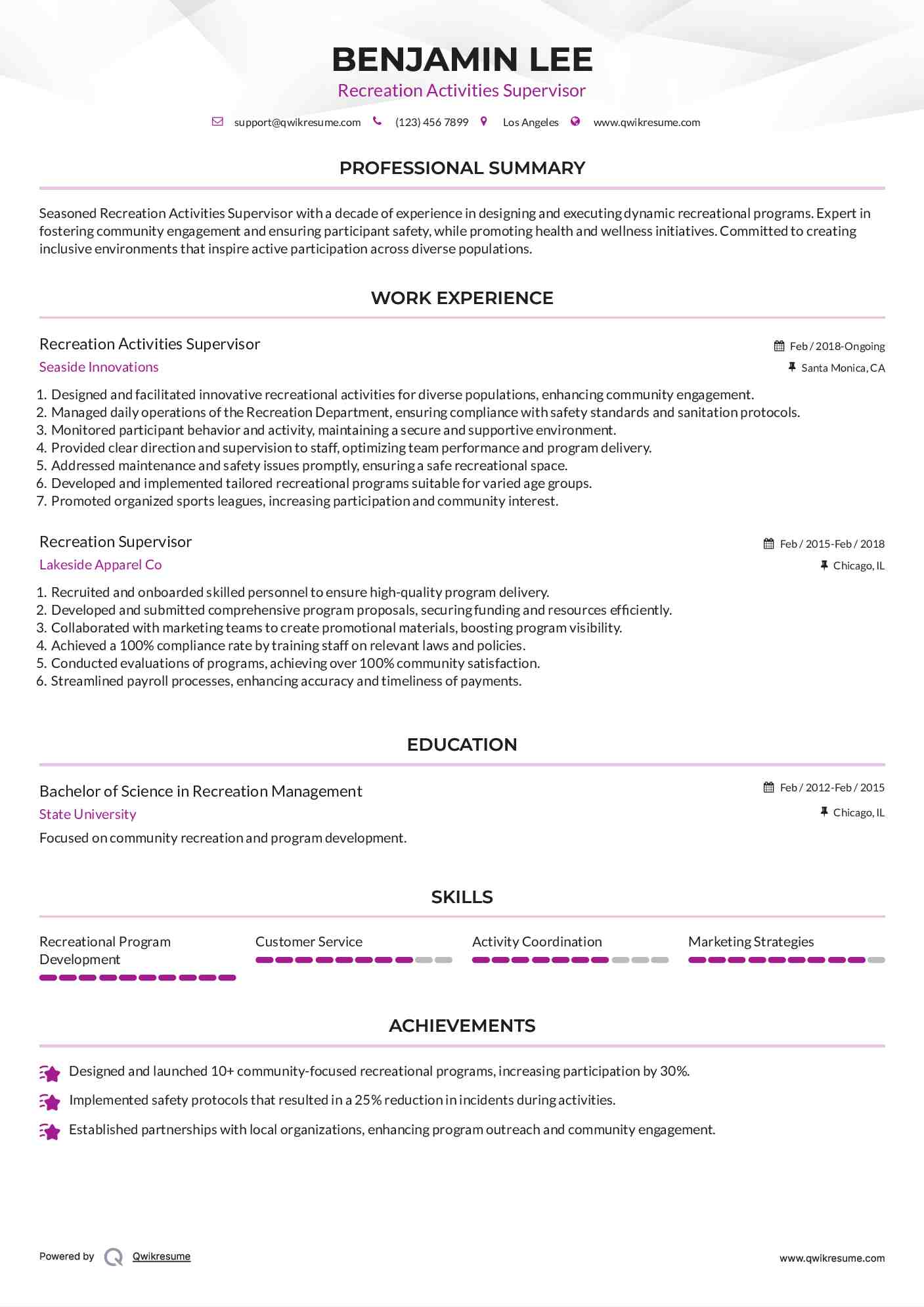 Recreation Activities Supervisor Resume Model