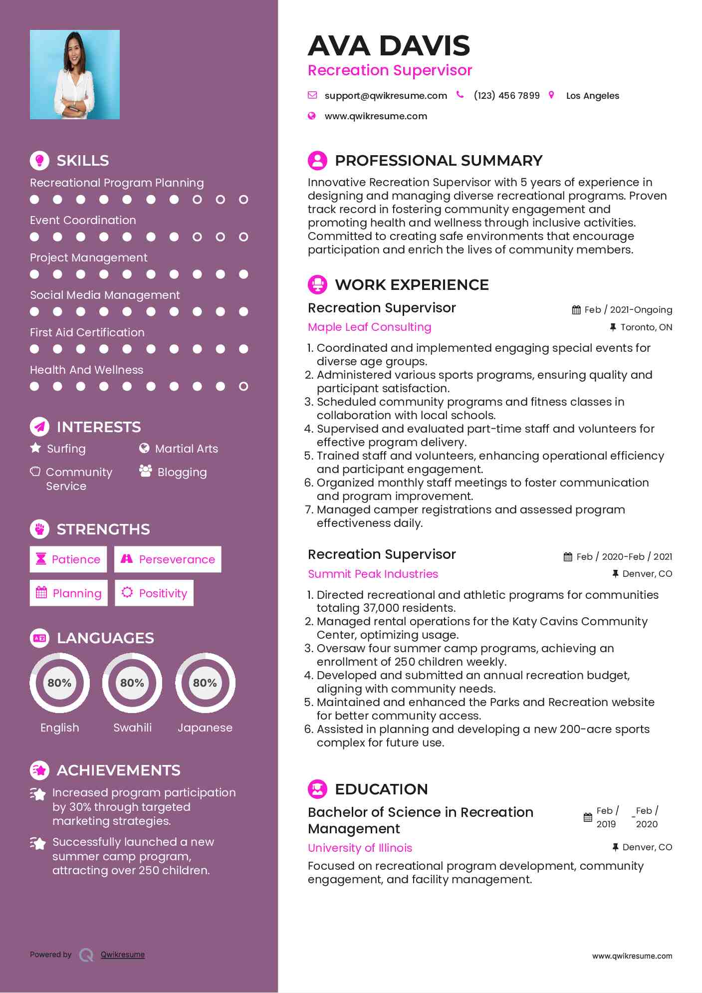 Recreation Supervisor Resume Template