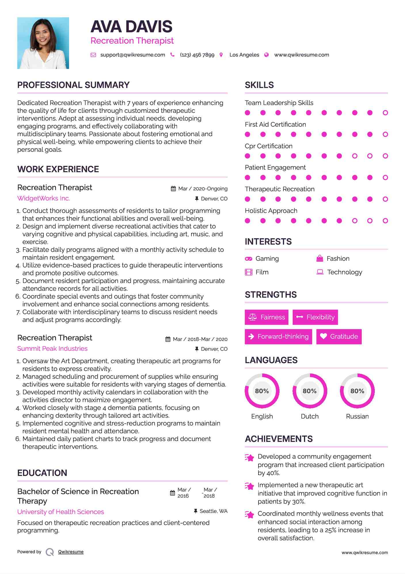 Recreation Therapist Resume Example