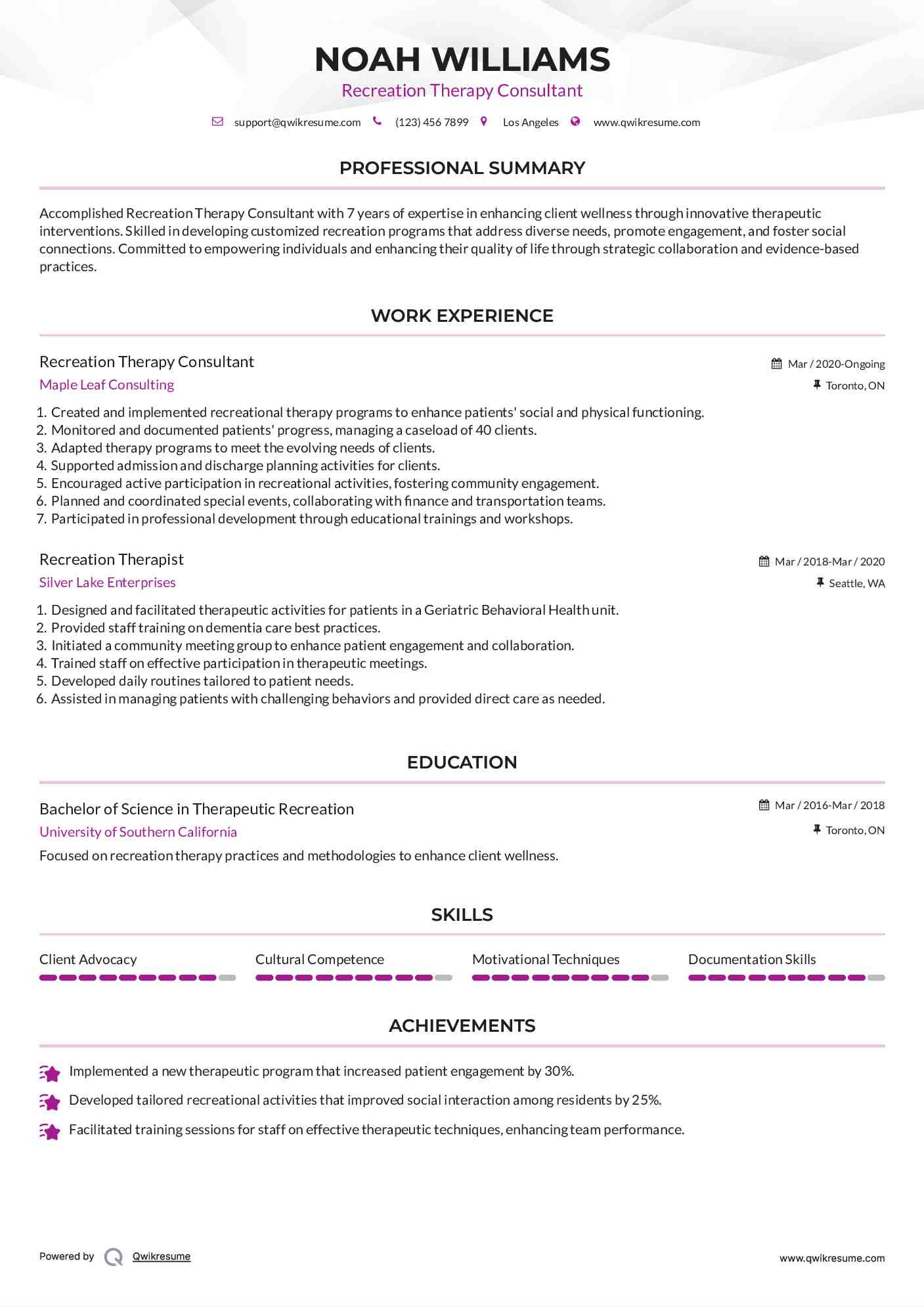 Recreation Therapy Consultant Resume Sample