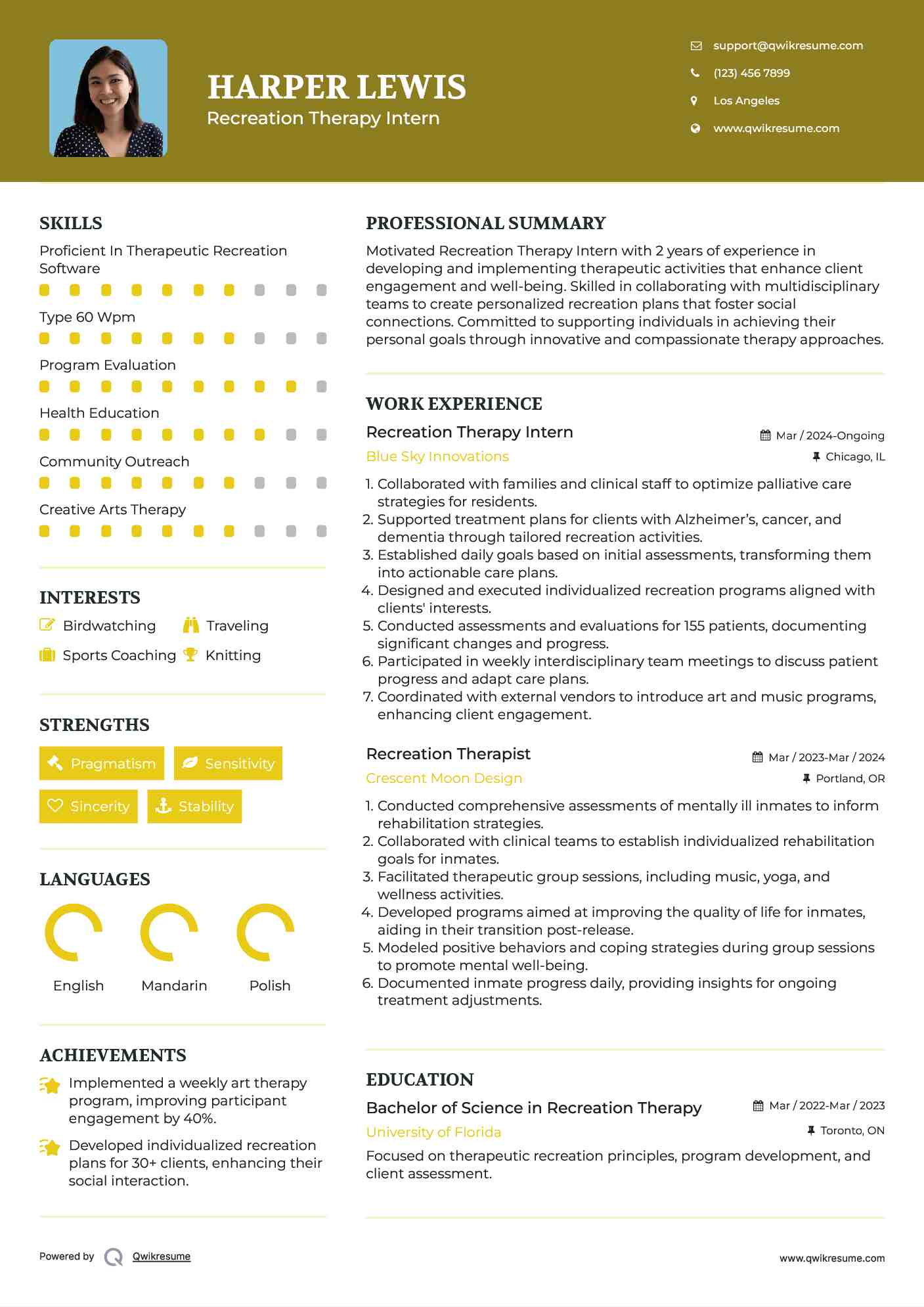 Recreation Therapy Intern Resume Example