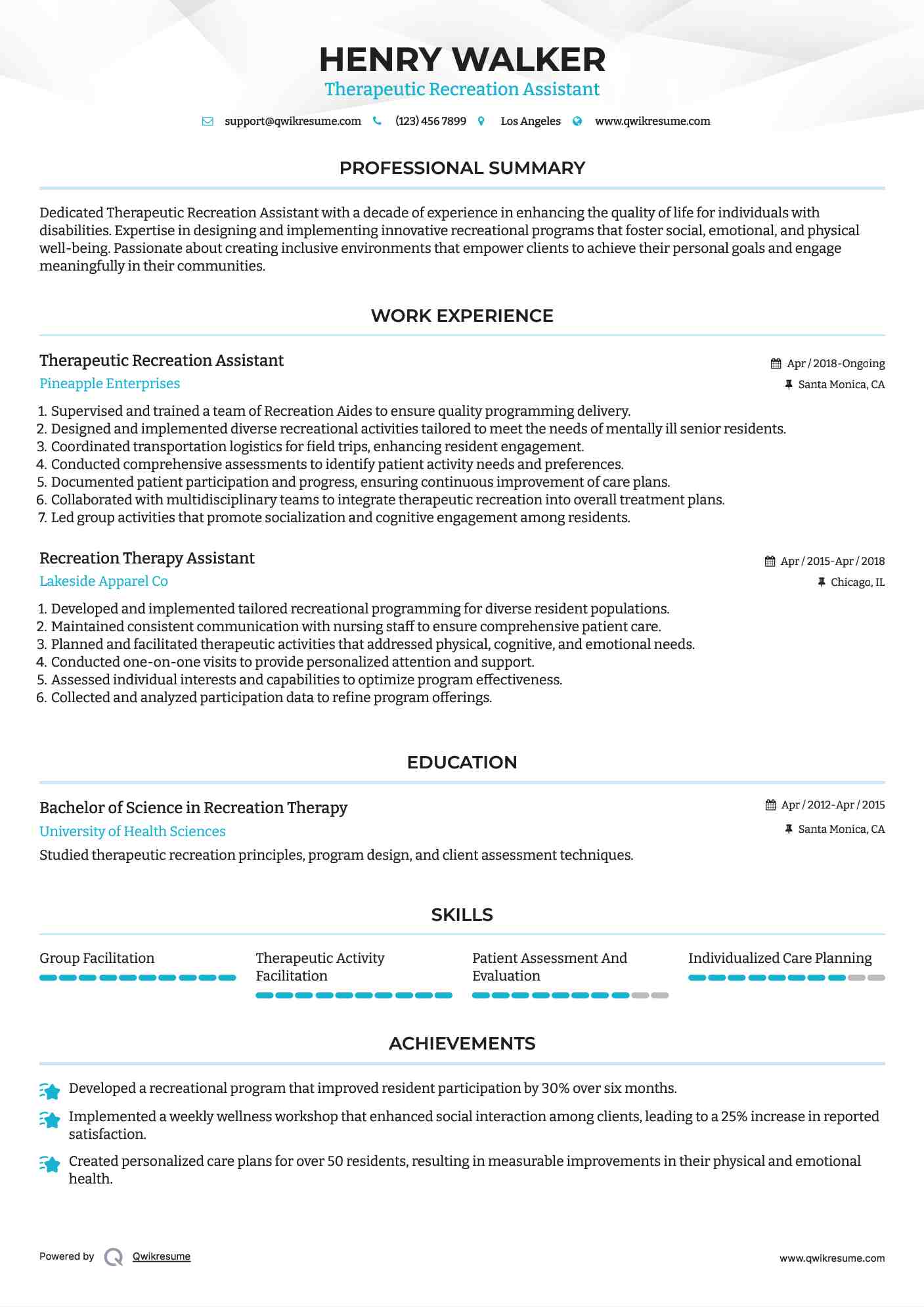 Therapeutic Recreation Assistant Resume Template