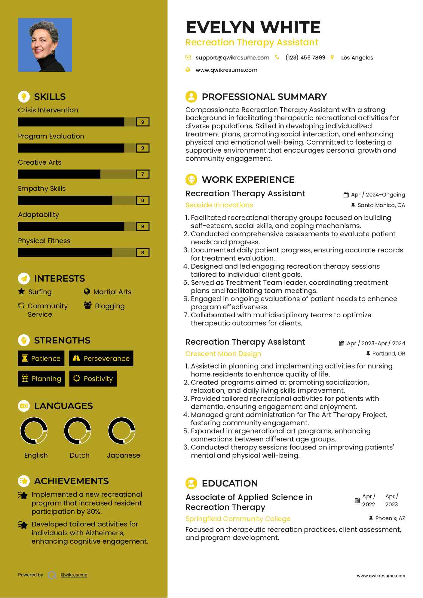 Recreation Therapy Assistant Resume Sample