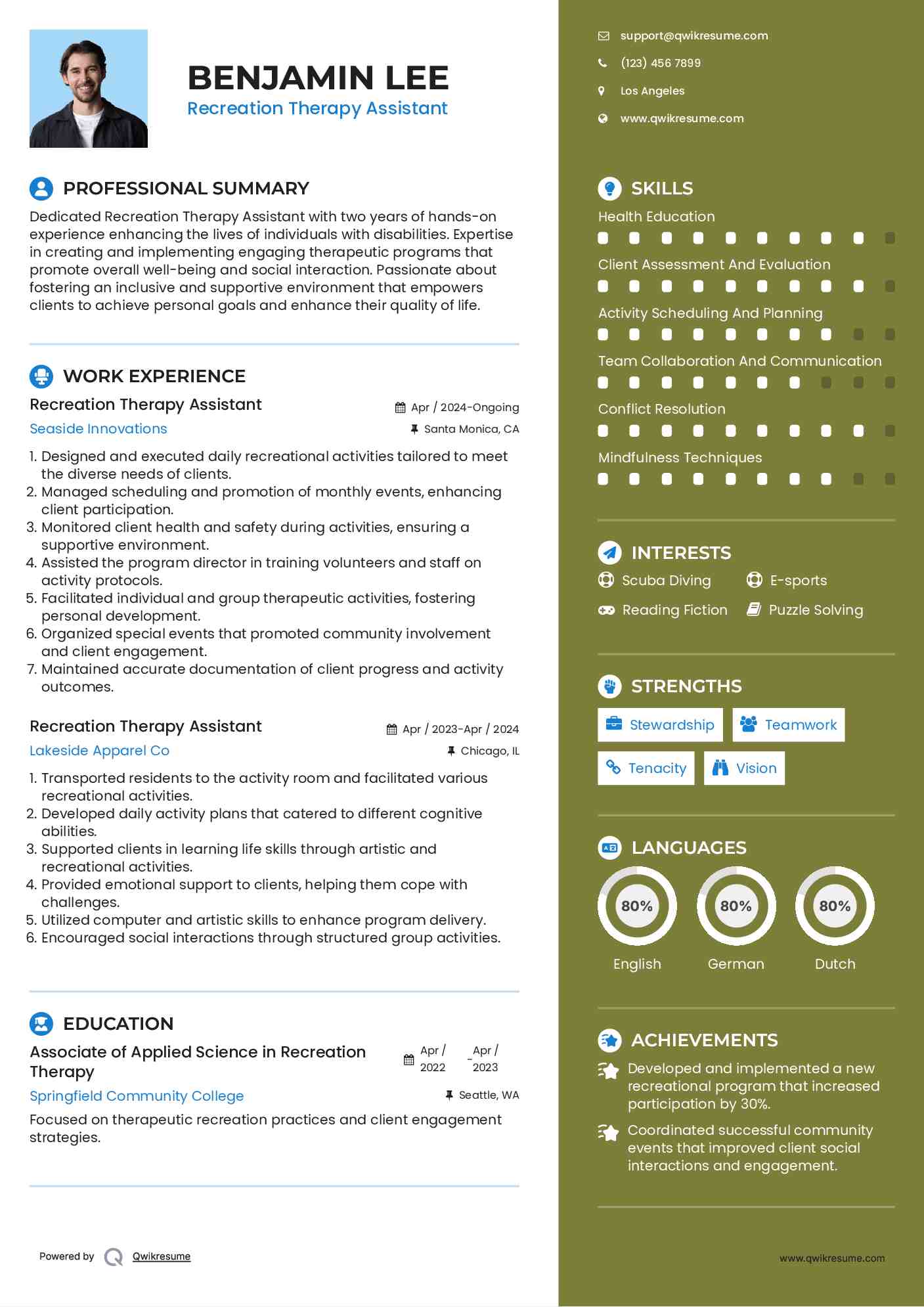 Recreation Therapy Assistant Resume Model