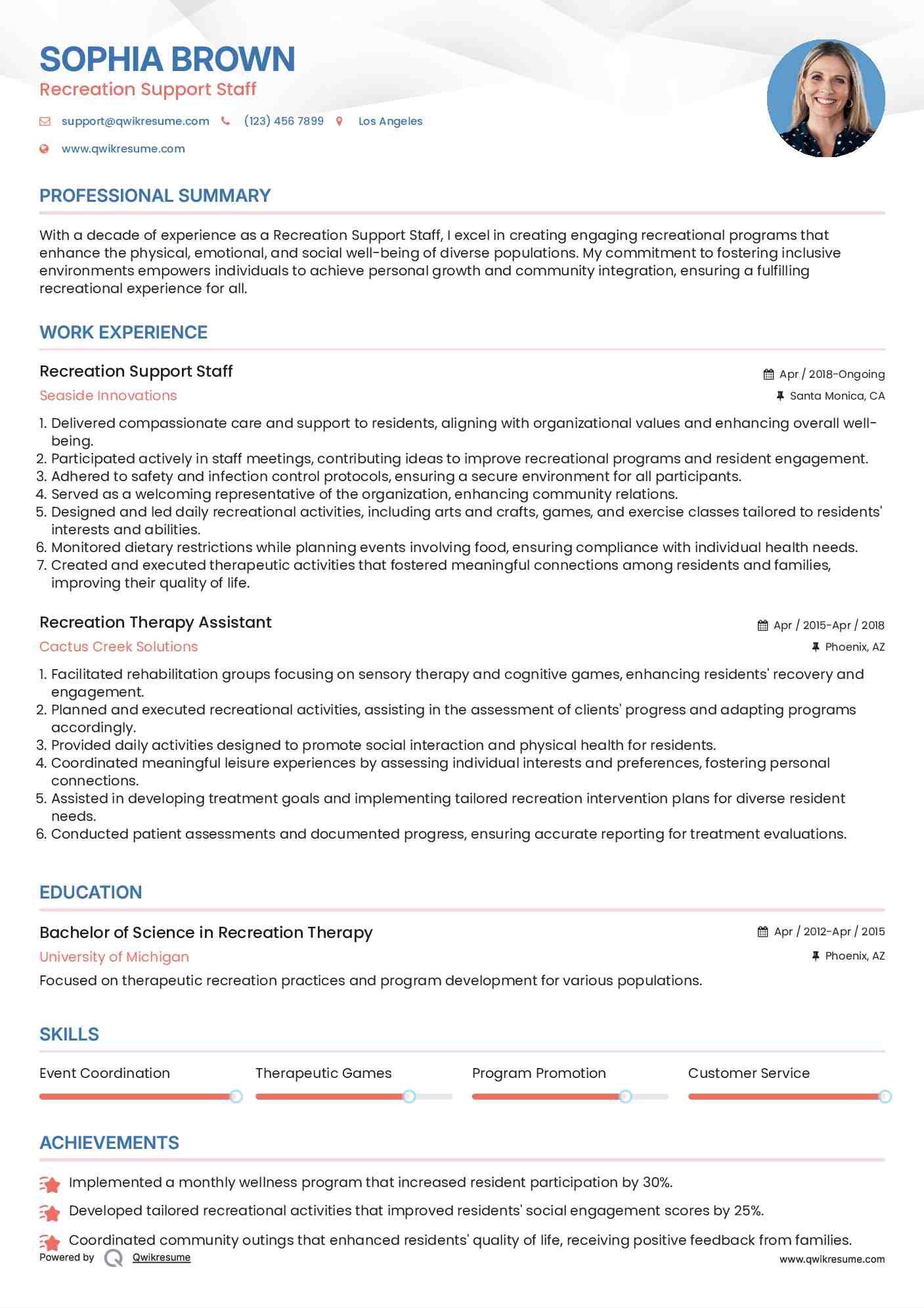 Recreation Support Staff Resume Template
