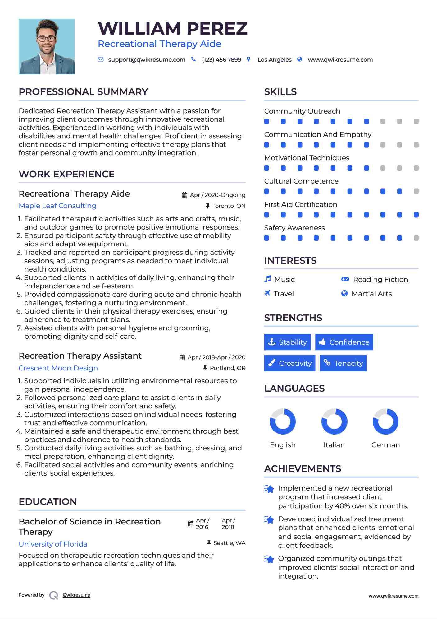 Recreational Therapy Aide Resume Sample