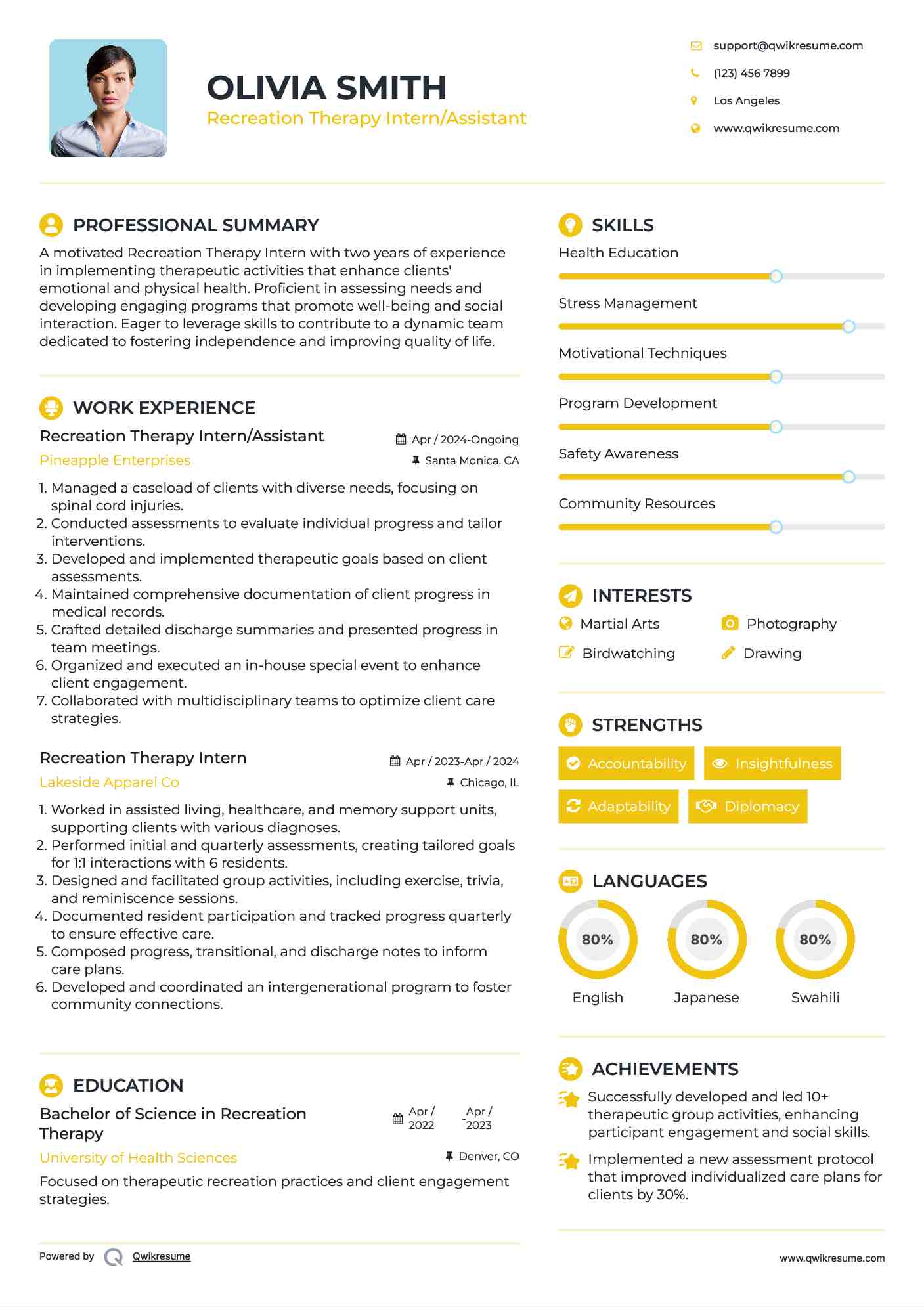 Recreation Therapy Intern/Assistant Resume Example