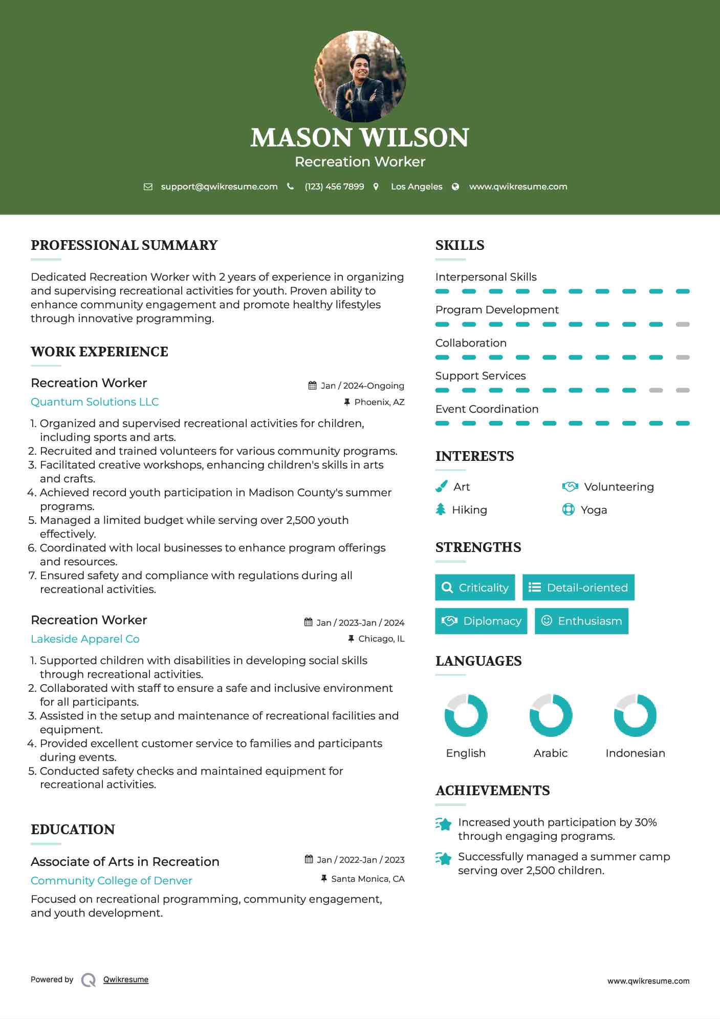 Recreation Worker Resume Template