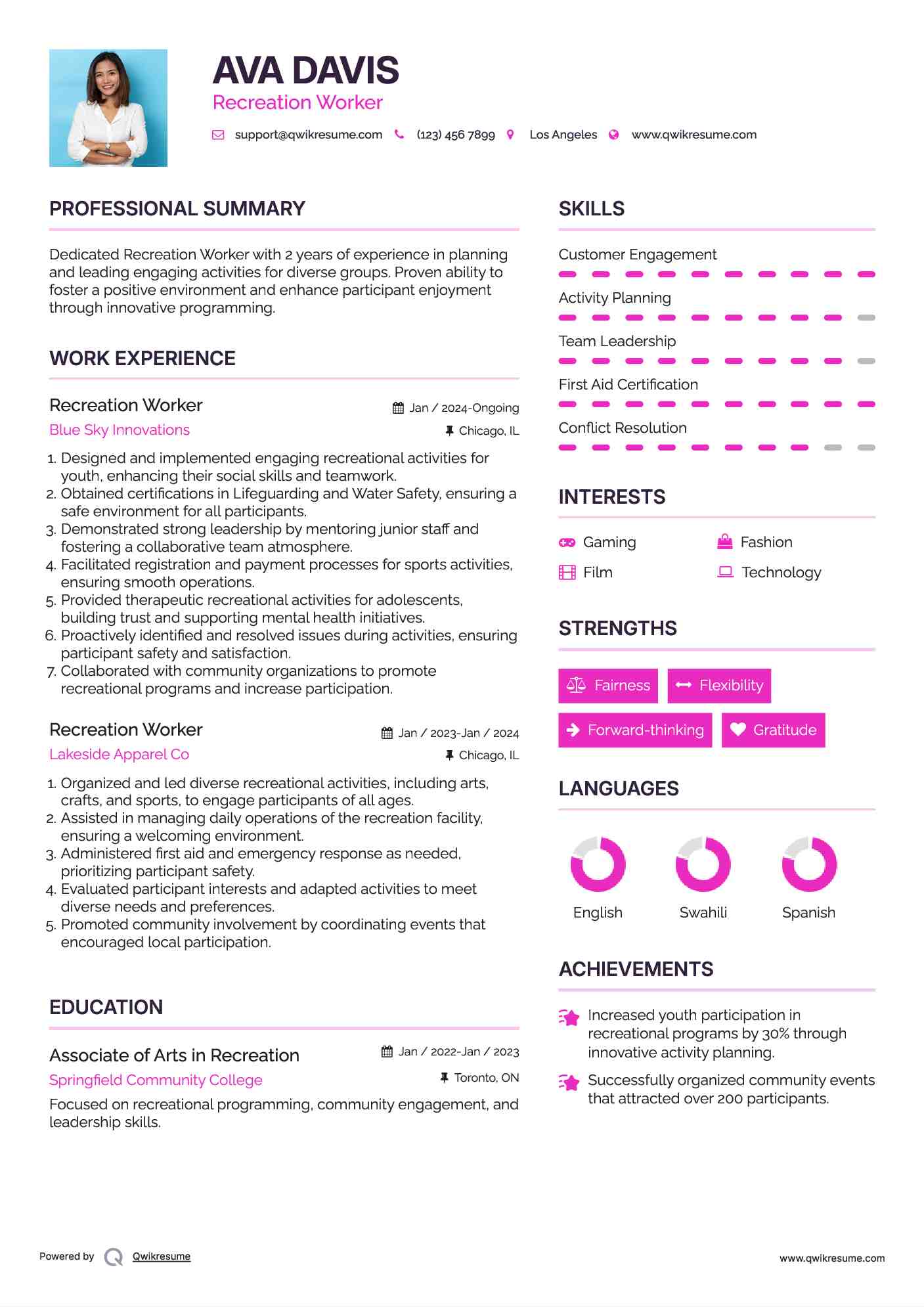 Recreation Worker Resume Sample