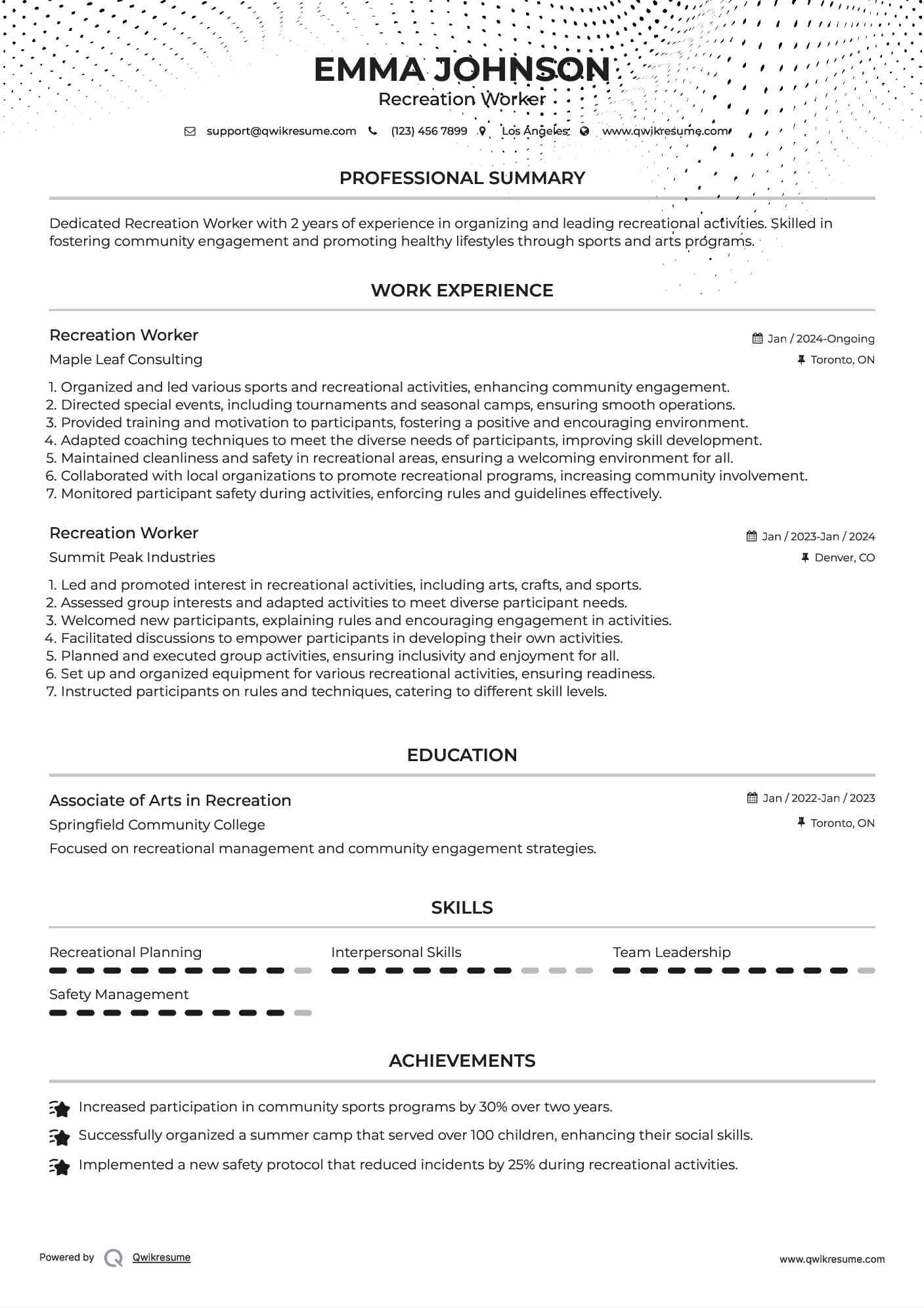 Recreation Worker Resume Template