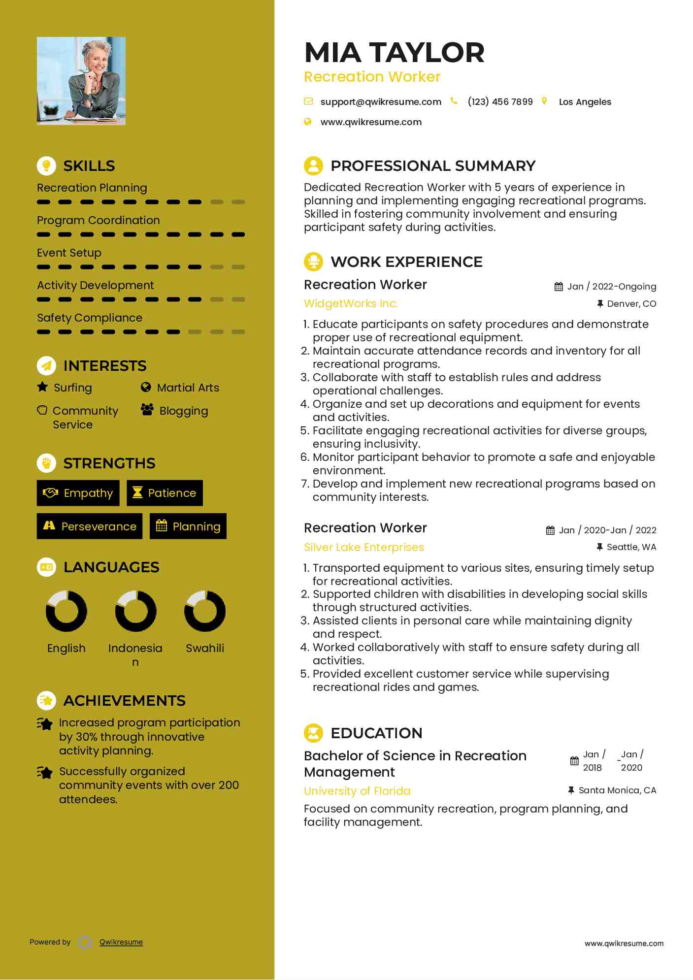 Recreation Worker Resume Model