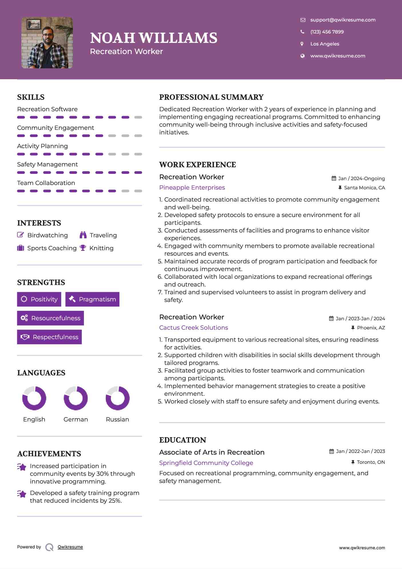 Recreation Worker Resume Template