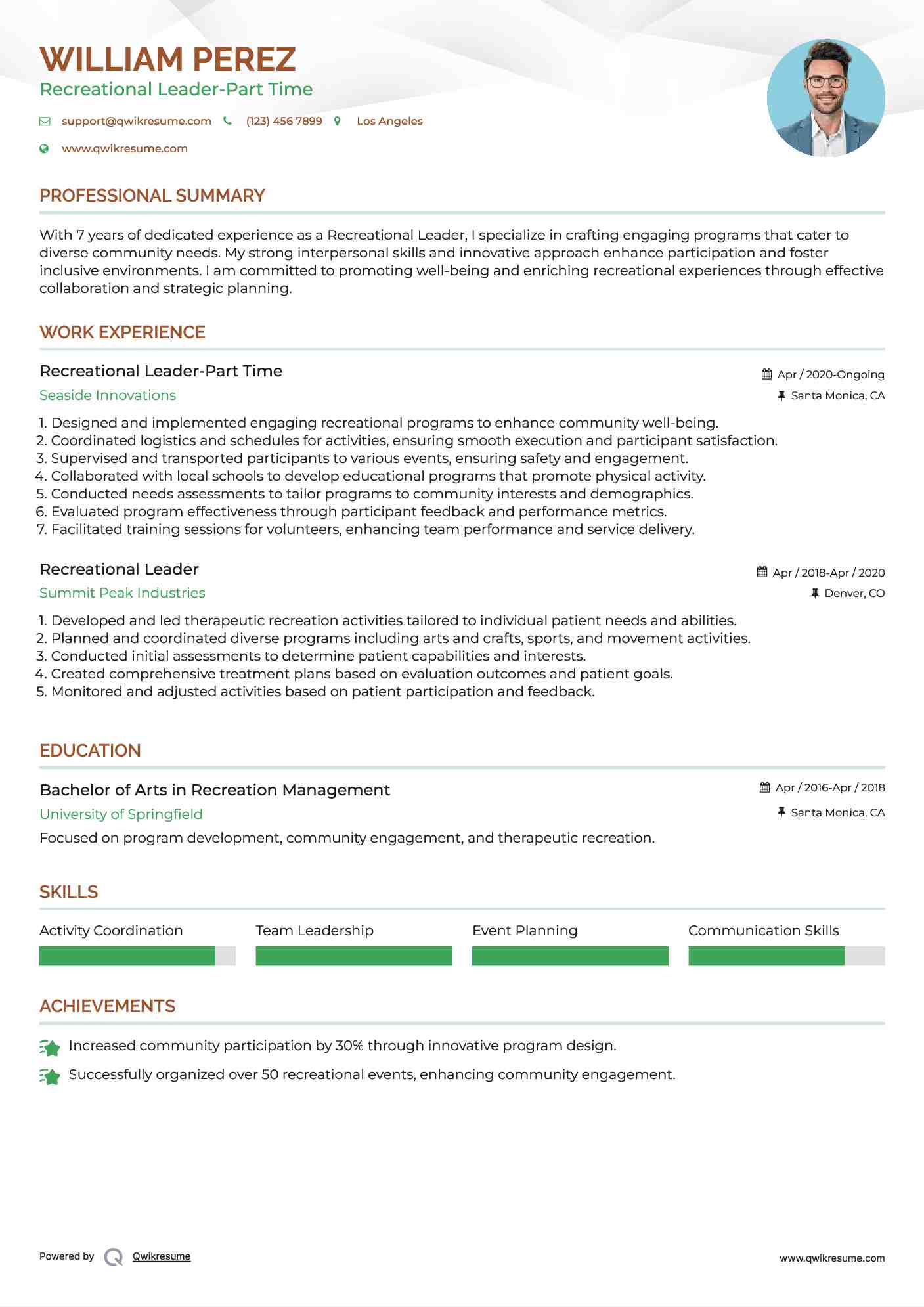 Recreational Leader-Part Time Resume Sample