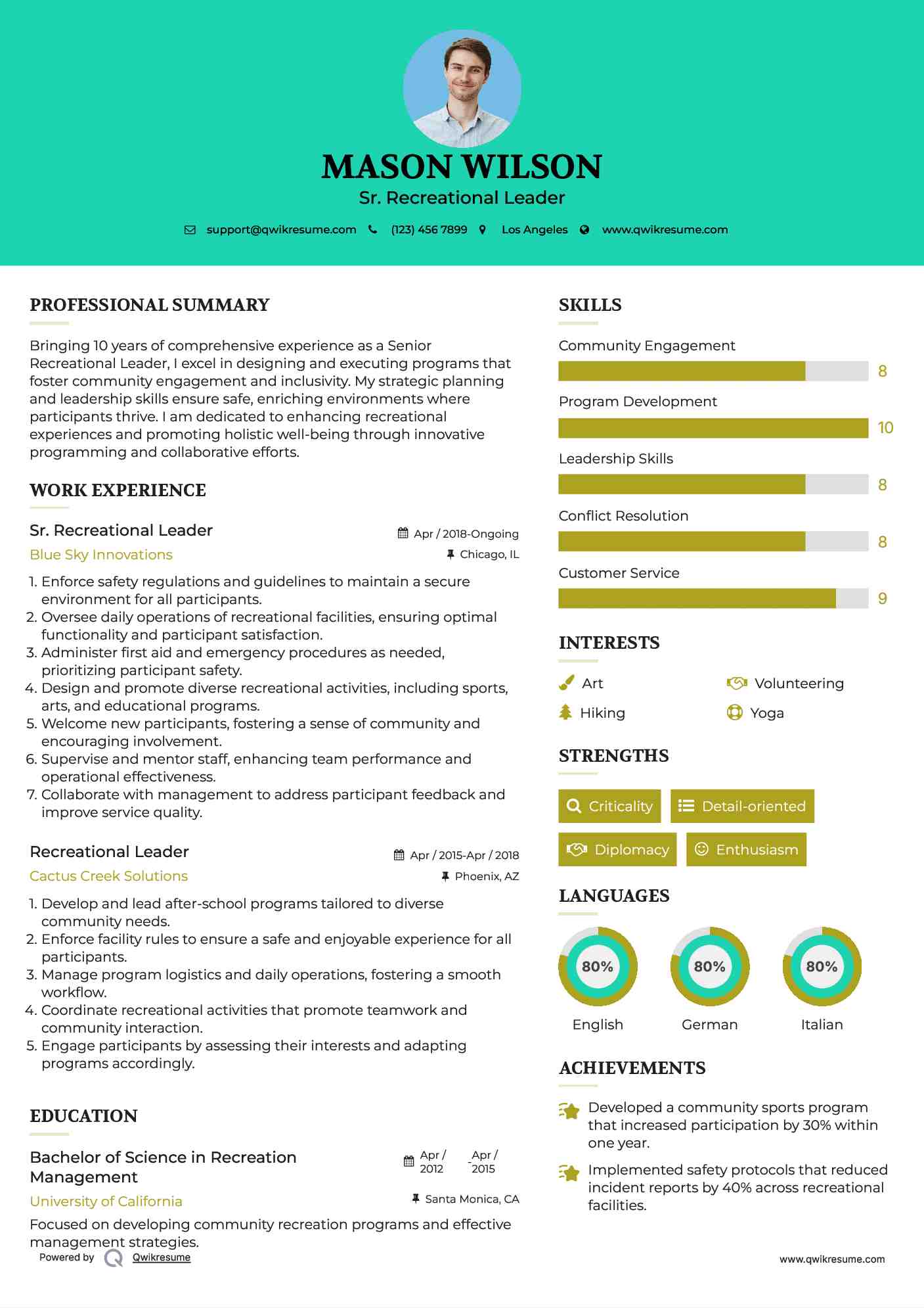 Sr. Recreational Leader  Resume Model