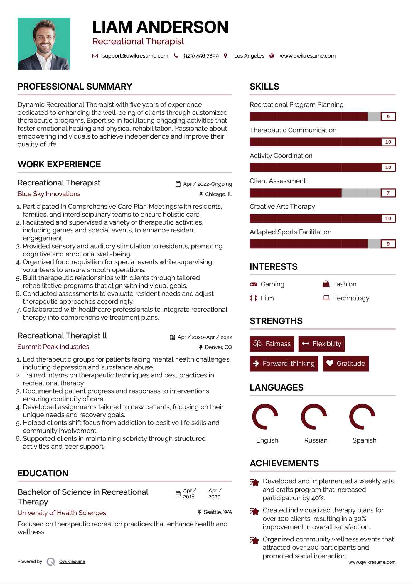 Recreational Therapist Resume Example