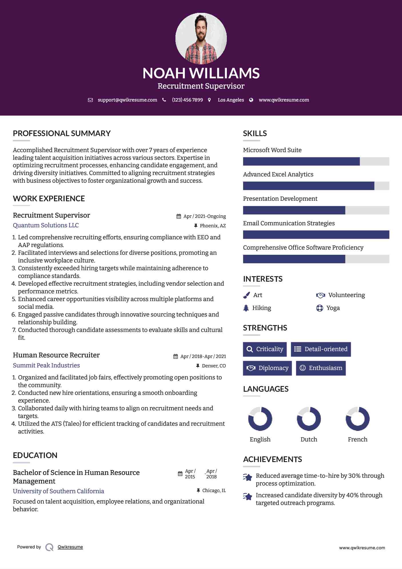 Recruitment Supervisor Resume Sample