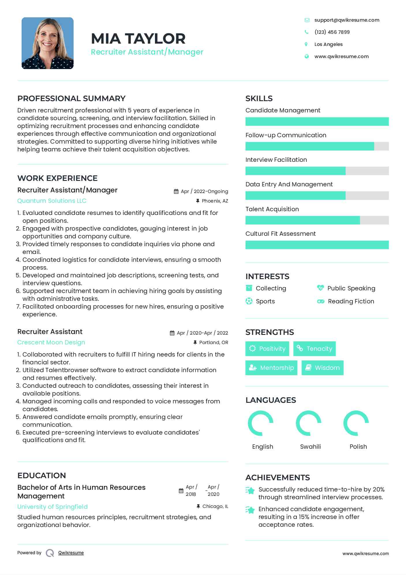 Recruiter Assistant/Manager Resume Model
