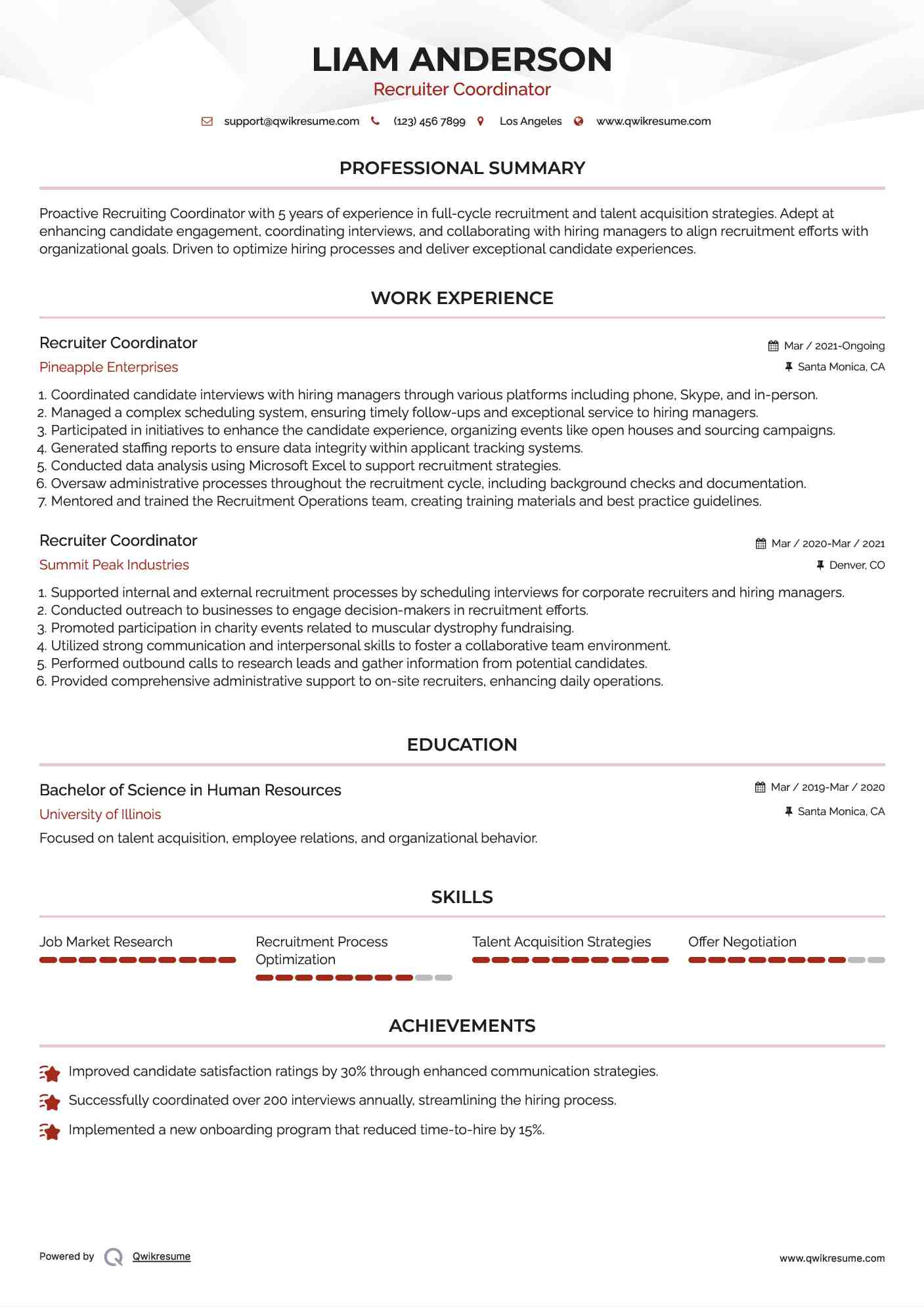 Recruiter Coordinator Resume Example